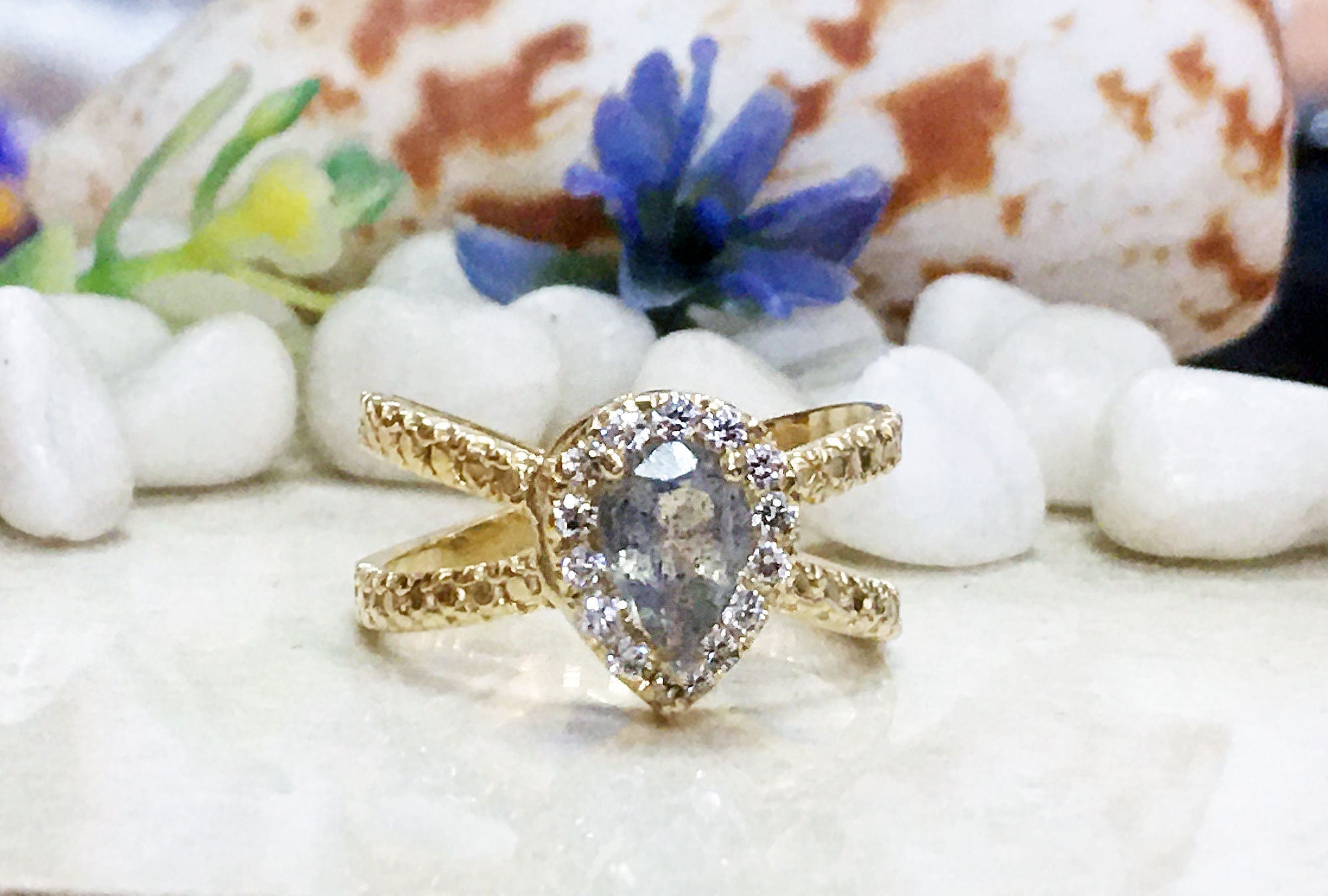 Labradorite Ring - Statement Engagement Ring with Pear-Shaped Labradorite Gemstone and Clear Quartz Halo - H.L.Jewelry