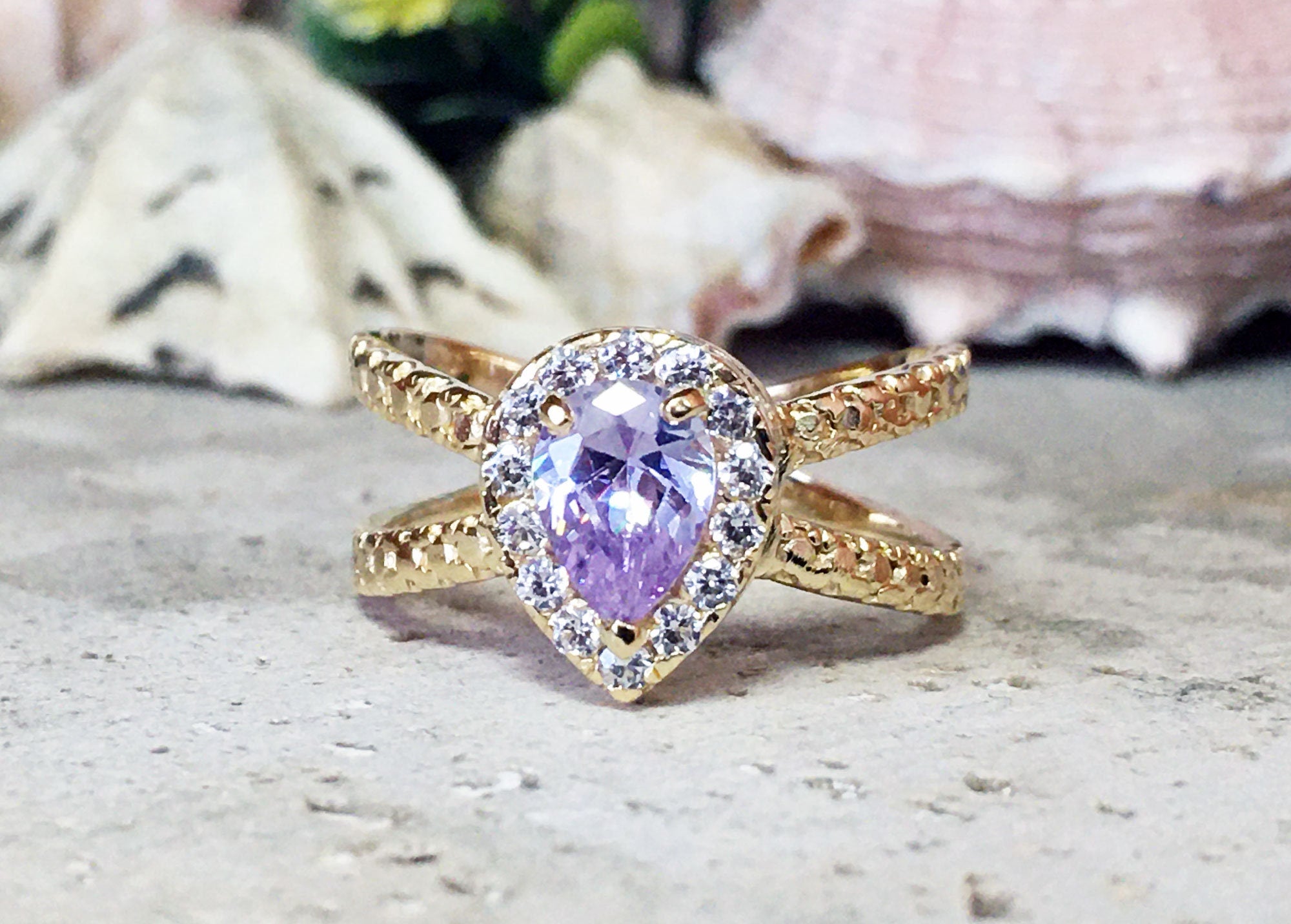 Lavender Amethyst Ring - Statement Engagement Ring with Pear-Shaped Lavender Amethyst Gemstone and Clear Quartz Halo - H.L.Jewelry