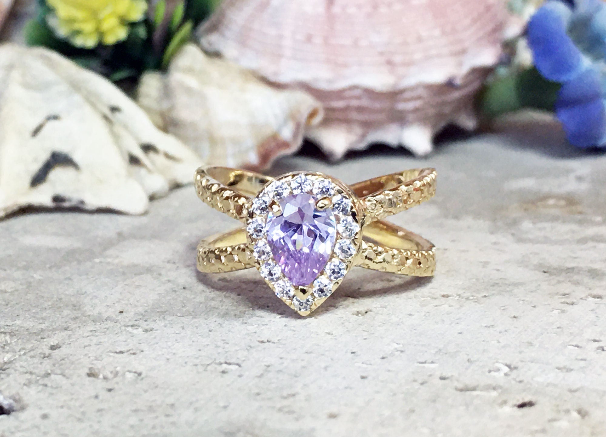 Lavender Amethyst Ring - Statement Engagement Ring with Pear-Shaped Lavender Amethyst Gemstone and Clear Quartz Halo - H.L.Jewelry