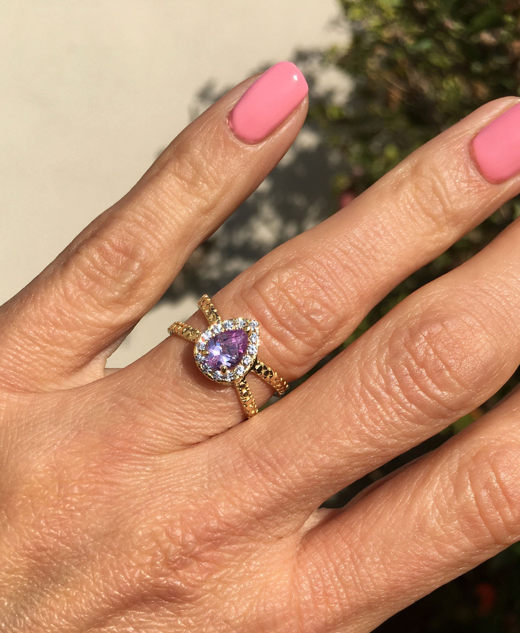 Lavender Amethyst Ring - Statement Engagement Ring with Pear-Shaped Lavender Amethyst Gemstone and Clear Quartz Halo - H.L.Jewelry