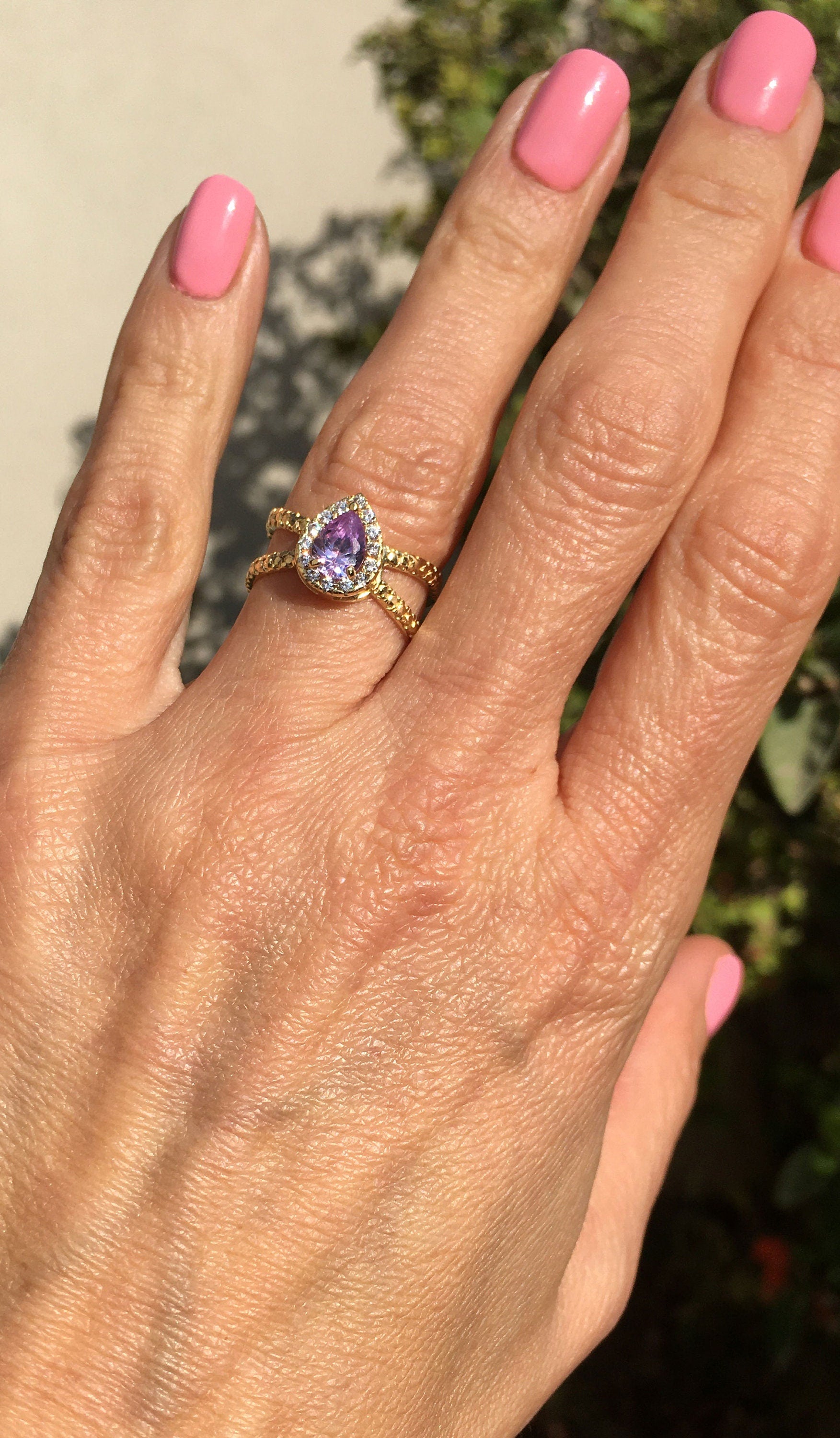 Lavender Amethyst Ring - Statement Engagement Ring with Pear-Shaped Lavender Amethyst Gemstone and Clear Quartz Halo - H.L.Jewelry