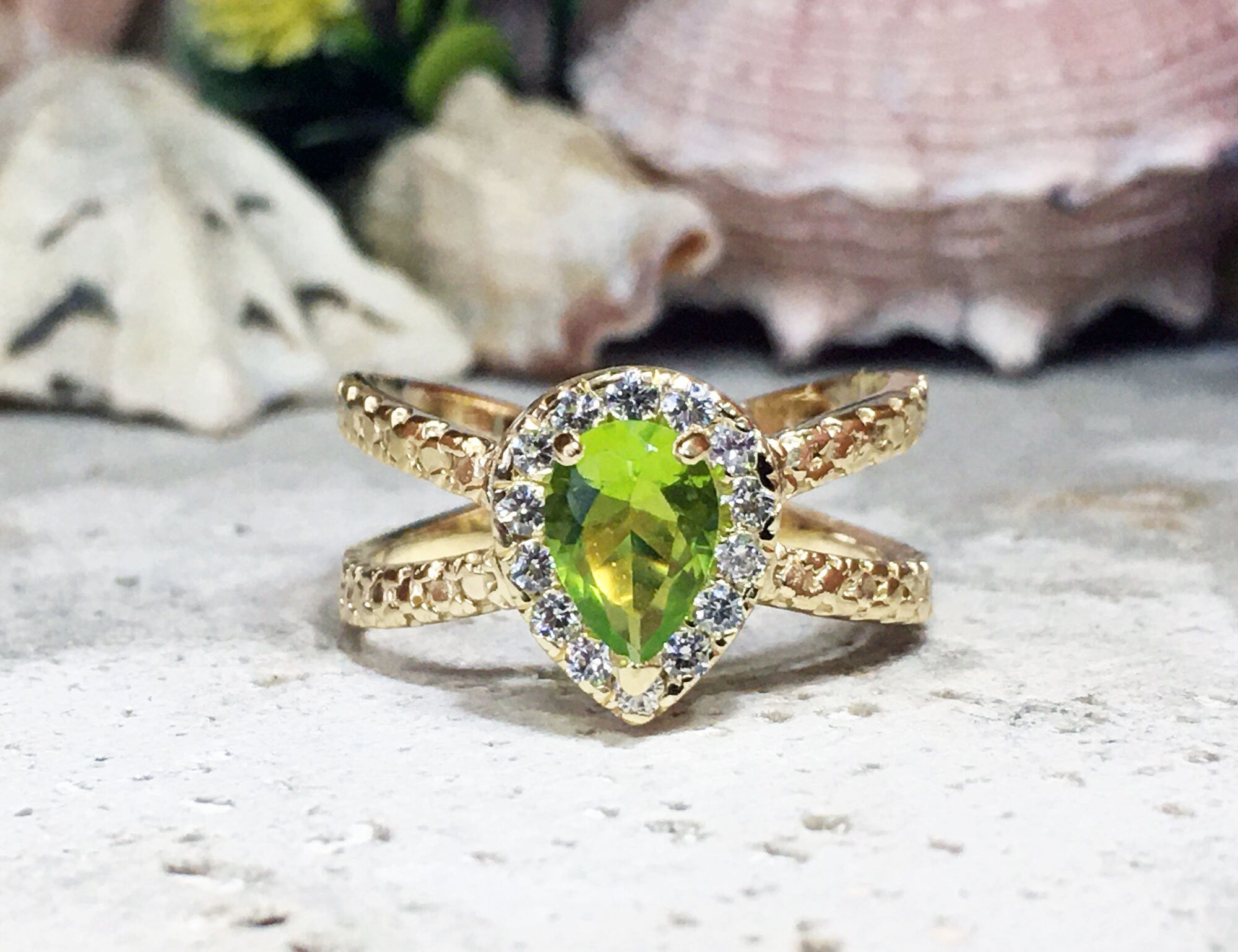 Peridot Ring - August Birthstone Jewelry - Statement Engagement Ring with Pear-Shaped Peridot Gemstone and Clear Quartz Halo - H.L.Jewelry