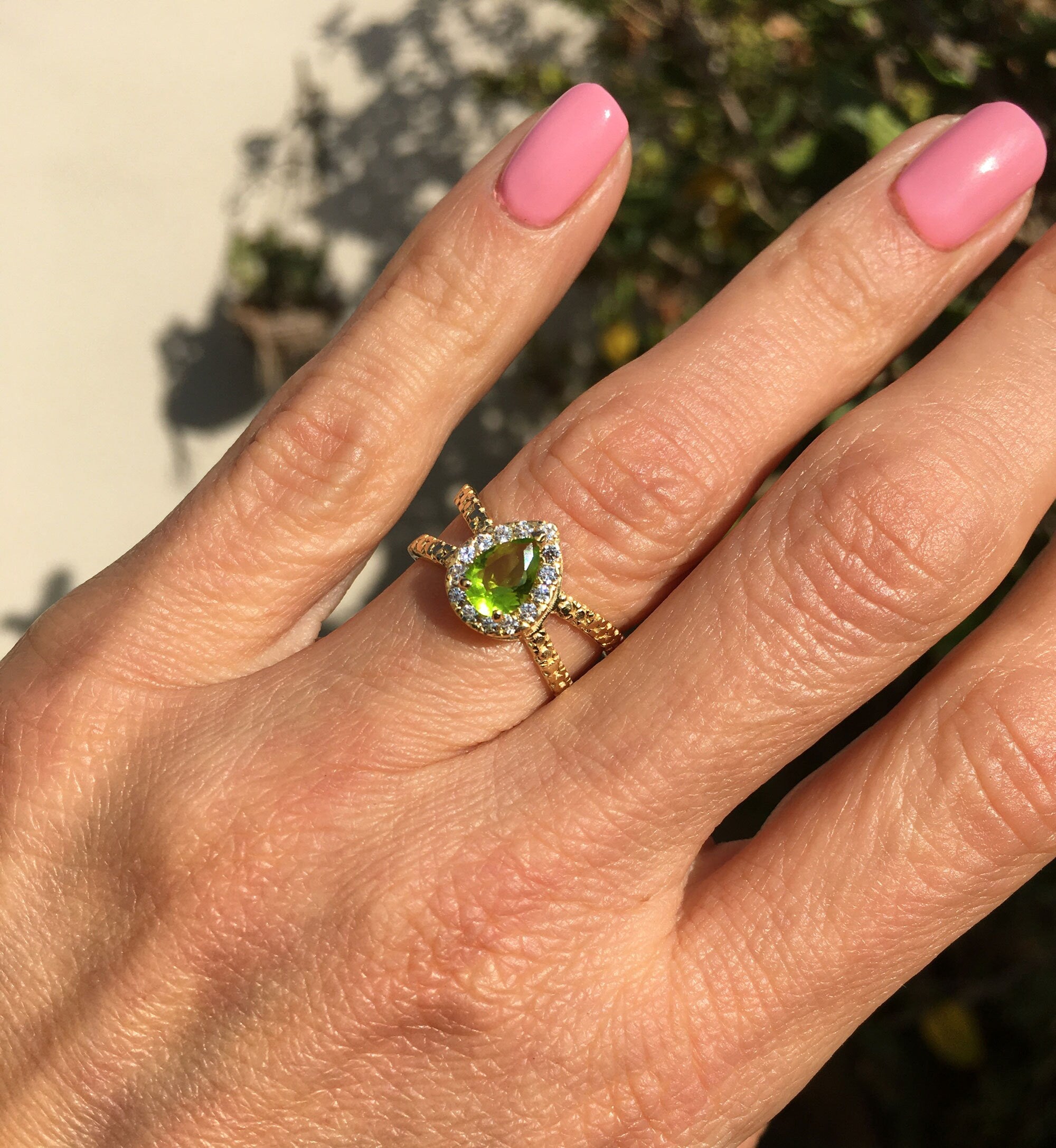 Peridot Ring - August Birthstone Jewelry - Statement Engagement Ring with Pear-Shaped Peridot Gemstone and Clear Quartz Halo - H.L.Jewelry