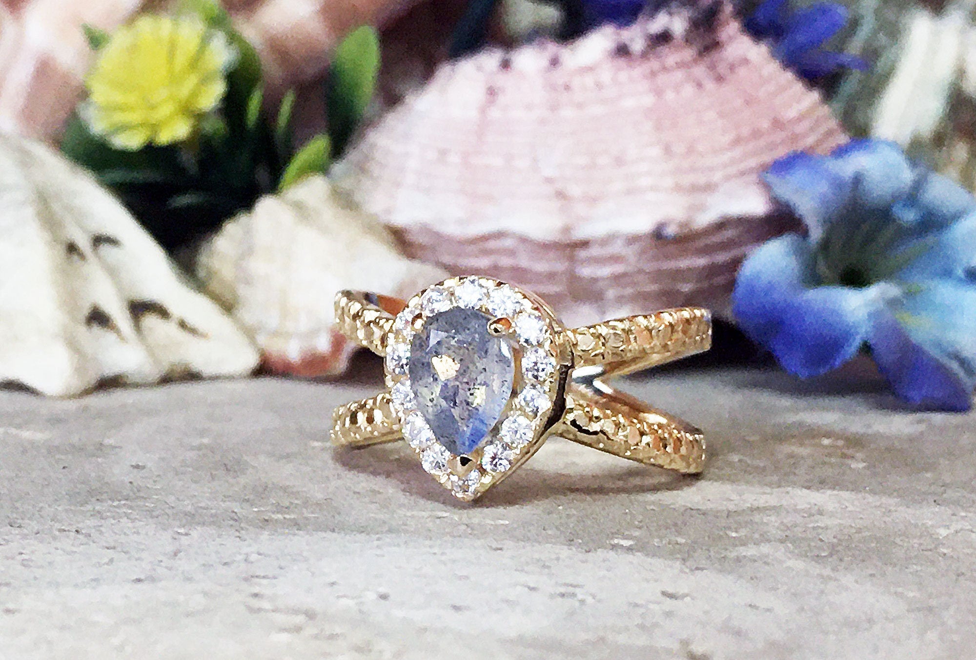 Labradorite Ring - Statement Engagement Ring with Pear-Shaped Labradorite Gemstone and Clear Quartz Halo - H.L.Jewelry