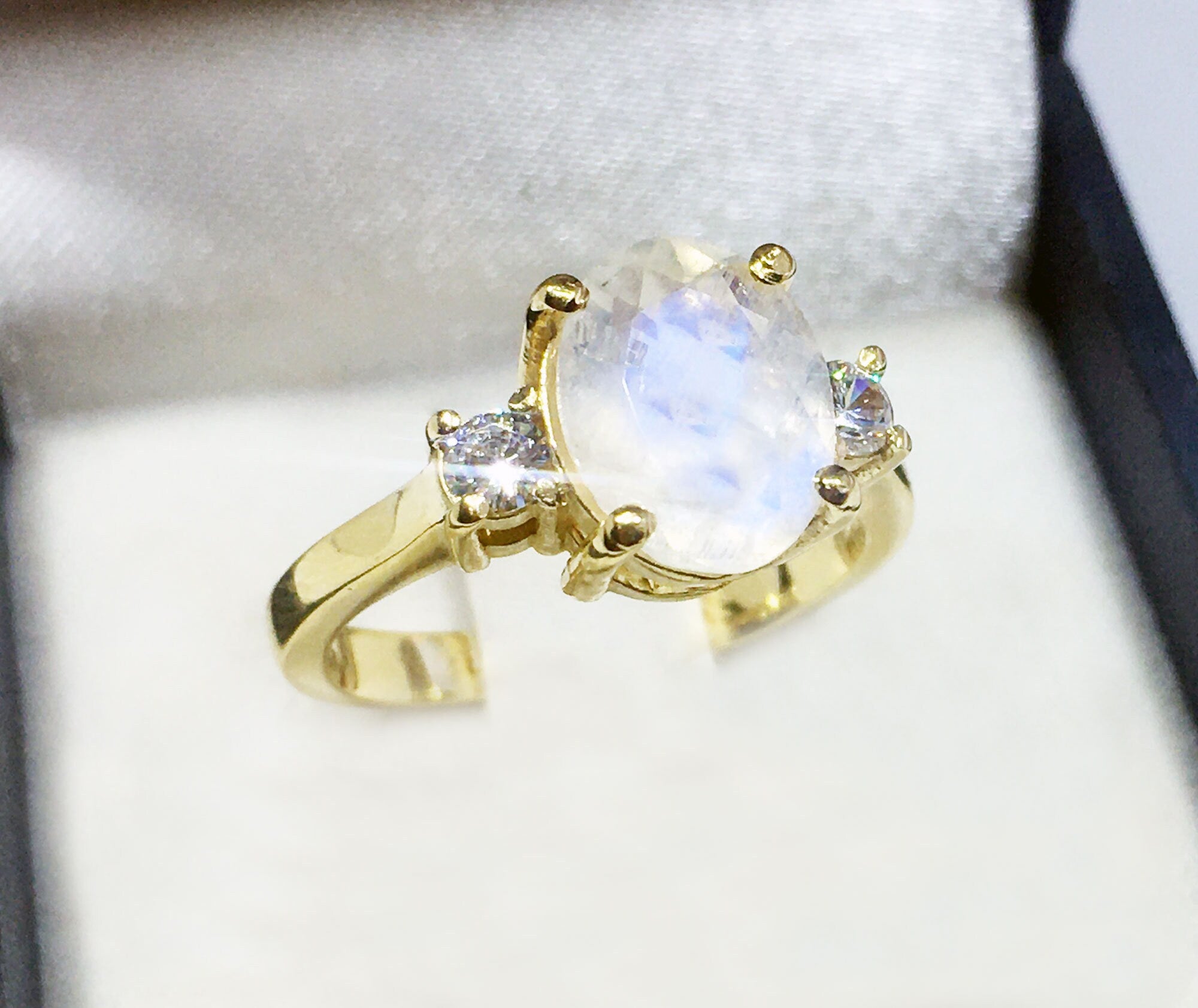 Rainbow Moonstone Ring - June Birthstone - Oval Rainbow Moonstone Statement Engagement Ring with Clear Quartz Accents - H.L.Jewelry