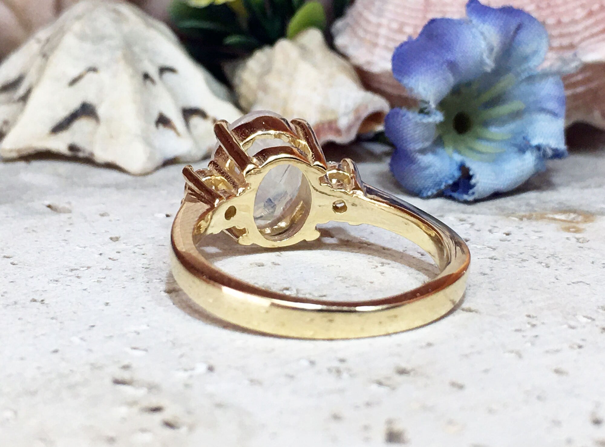 Rainbow Moonstone Ring - June Birthstone - Oval Rainbow Moonstone Statement Engagement Ring with Clear Quartz Accents - H.L.Jewelry