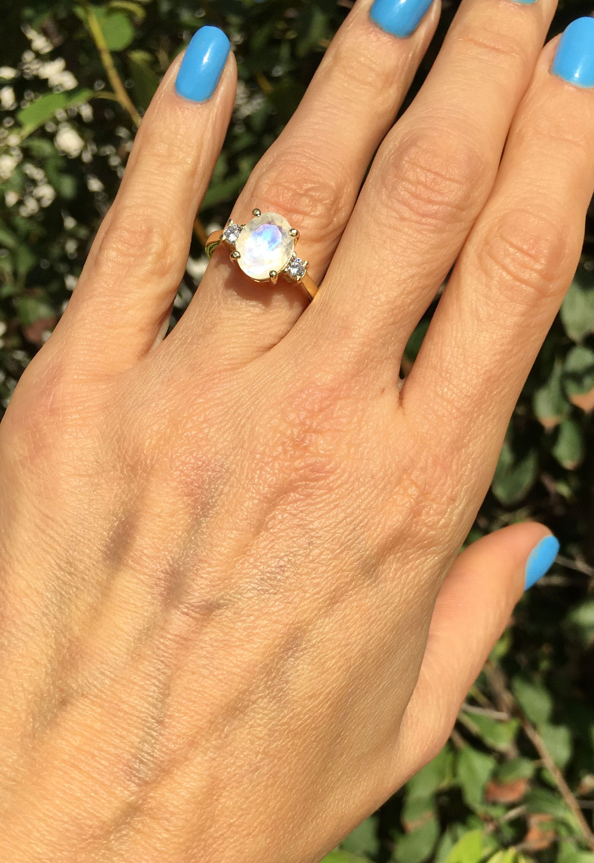 Rainbow Moonstone Ring - June Birthstone - Oval Rainbow Moonstone Statement Engagement Ring with Clear Quartz Accents - H.L.Jewelry