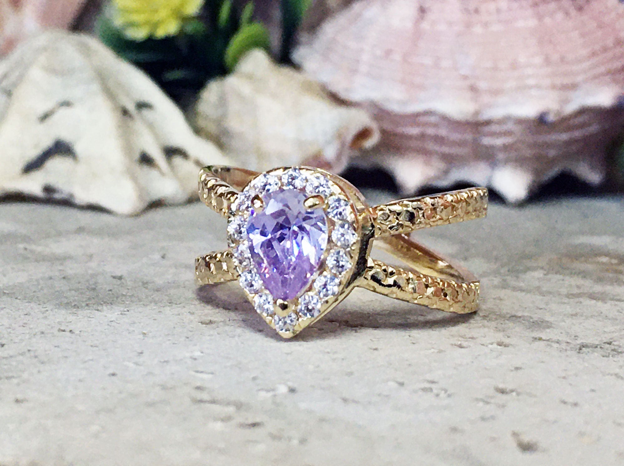 Lavender Amethyst Ring - Statement Engagement Ring with Pear-Shaped Lavender Amethyst Gemstone and Clear Quartz Halo - H.L.Jewelry