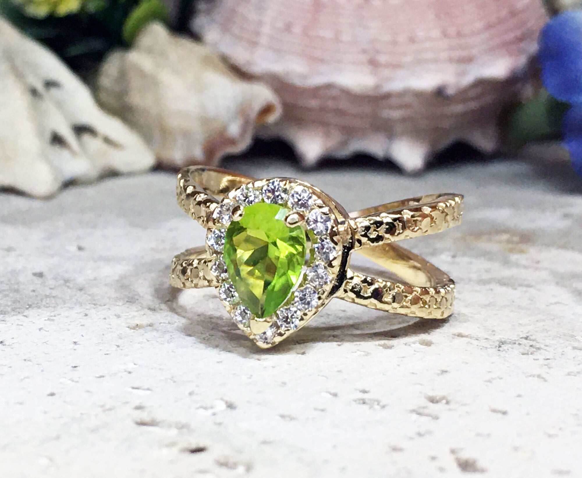 Peridot Ring - August Birthstone Jewelry - Statement Engagement Ring with Pear-Shaped Peridot Gemstone and Clear Quartz Halo - H.L.Jewelry