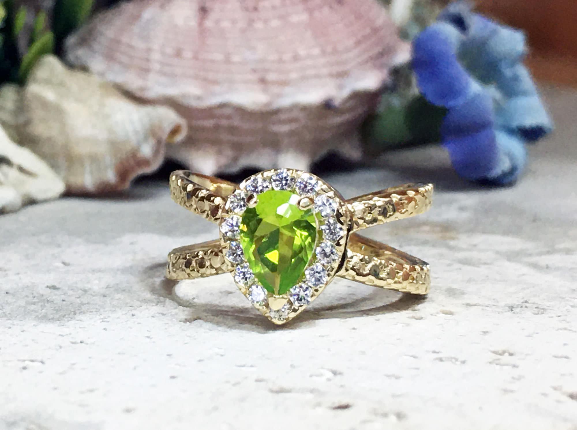 Peridot Ring - August Birthstone Jewelry - Statement Engagement Ring with Pear-Shaped Peridot Gemstone and Clear Quartz Halo - H.L.Jewelry