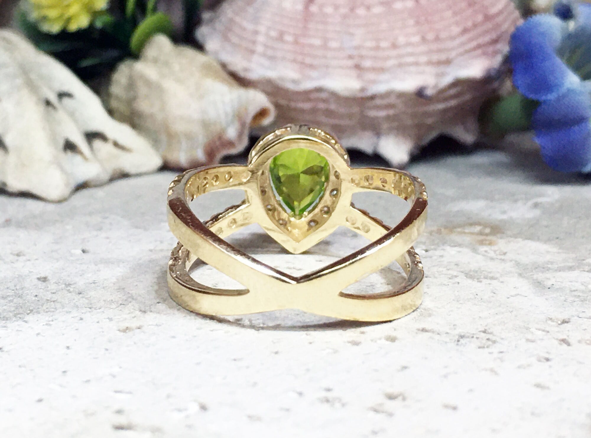 Peridot Ring - August Birthstone Jewelry - Statement Engagement Ring with Pear-Shaped Peridot Gemstone and Clear Quartz Halo - H.L.Jewelry