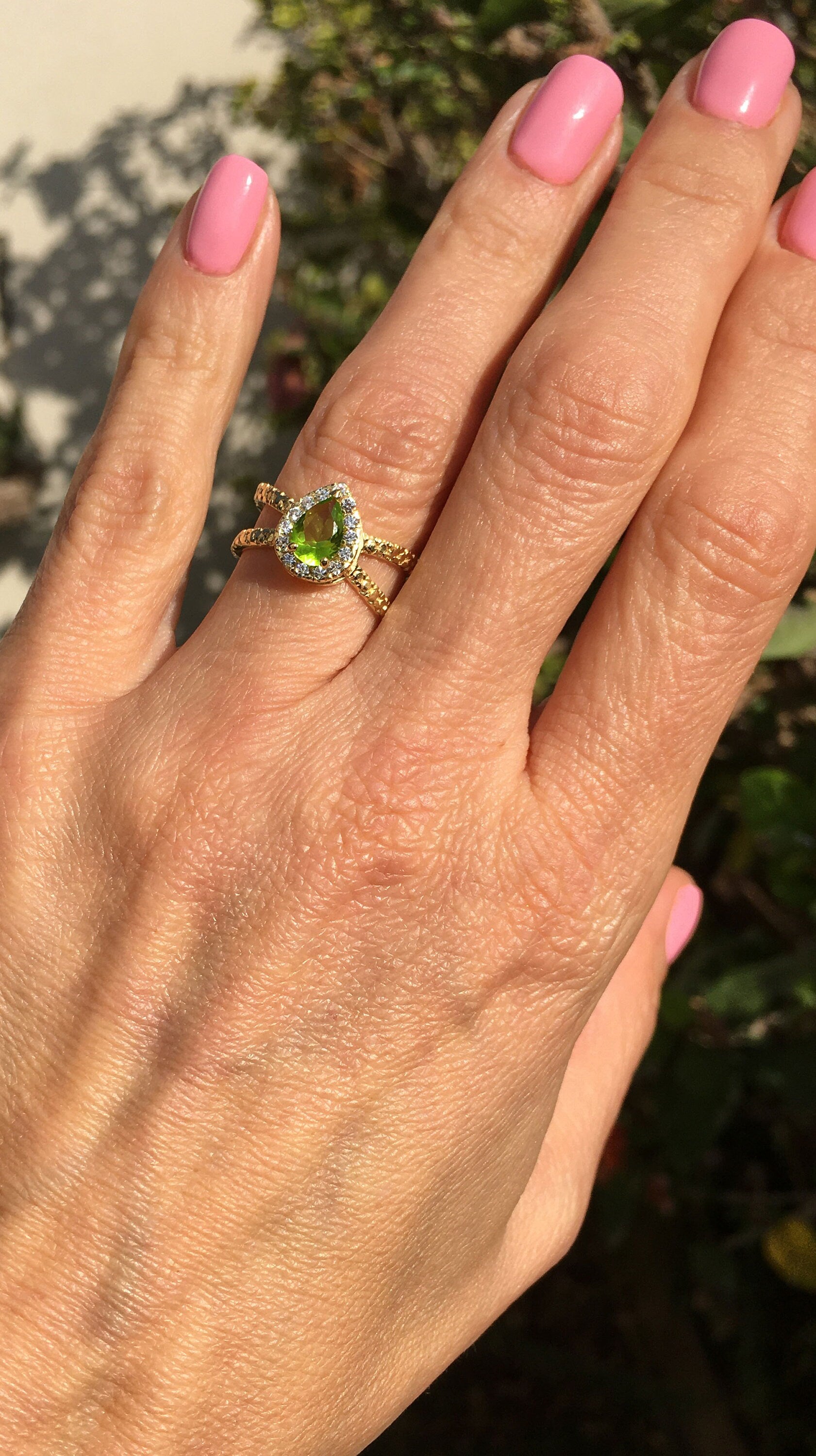 Peridot Ring - August Birthstone Jewelry - Statement Engagement Ring with Pear-Shaped Peridot Gemstone and Clear Quartz Halo - H.L.Jewelry