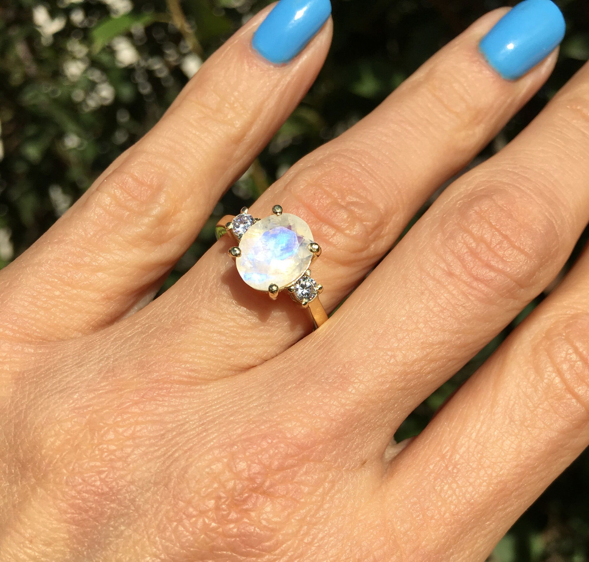 Rainbow Moonstone Ring - June Birthstone - Oval Rainbow Moonstone Statement Engagement Ring with Clear Quartz Accents - H.L.Jewelry