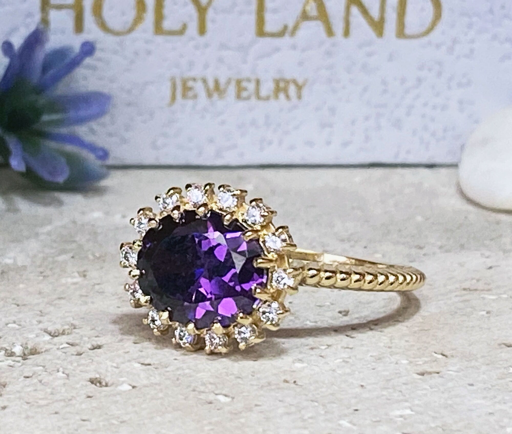 Purple Amethyst Ring - February Birthstone - Oval Purple Amethyst Gemstone Statement Engagement Ring with Clear Quartz Halo - H.L.Jewelry