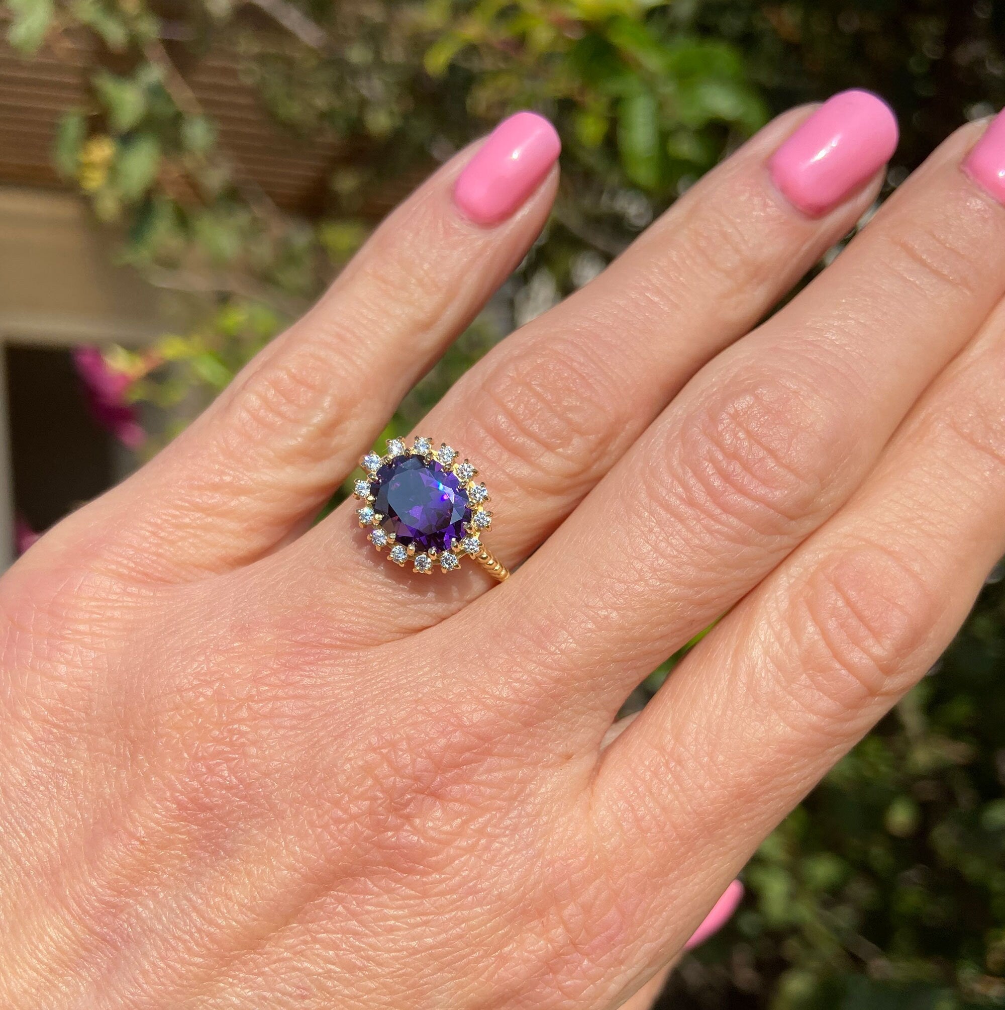 Purple Amethyst Ring - February Birthstone - Oval Purple Amethyst Gemstone Statement Engagement Ring with Clear Quartz Halo - H.L.Jewelry