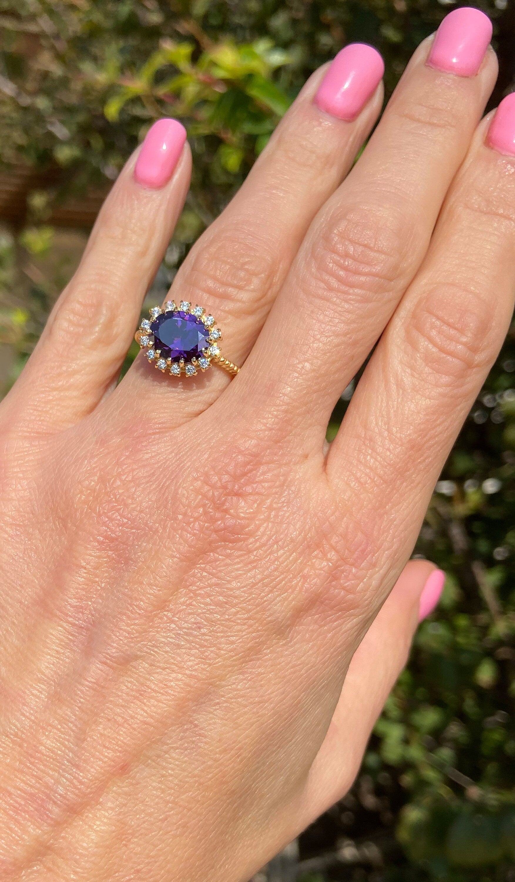 Purple Amethyst Ring - February Birthstone - Oval Purple Amethyst Gemstone Statement Engagement Ring with Clear Quartz Halo - H.L.Jewelry