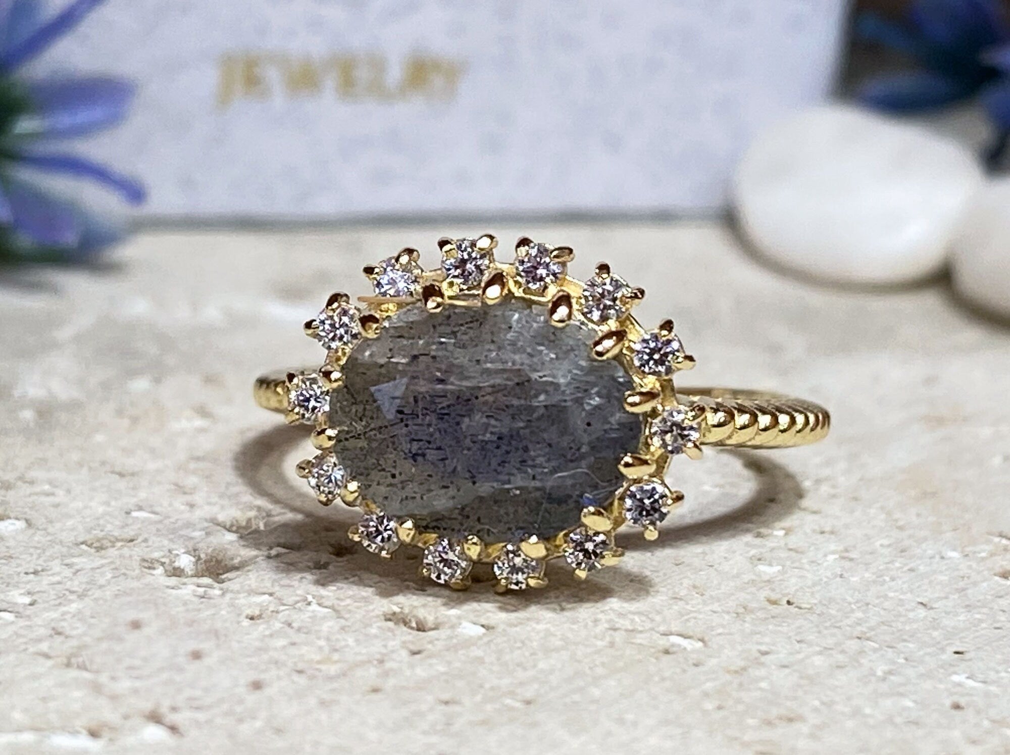 Labradorite Ring - Statement Engagement Ring with Oval Labradorite Gemstone and Clear Quartz Halo - H.L.Jewelry