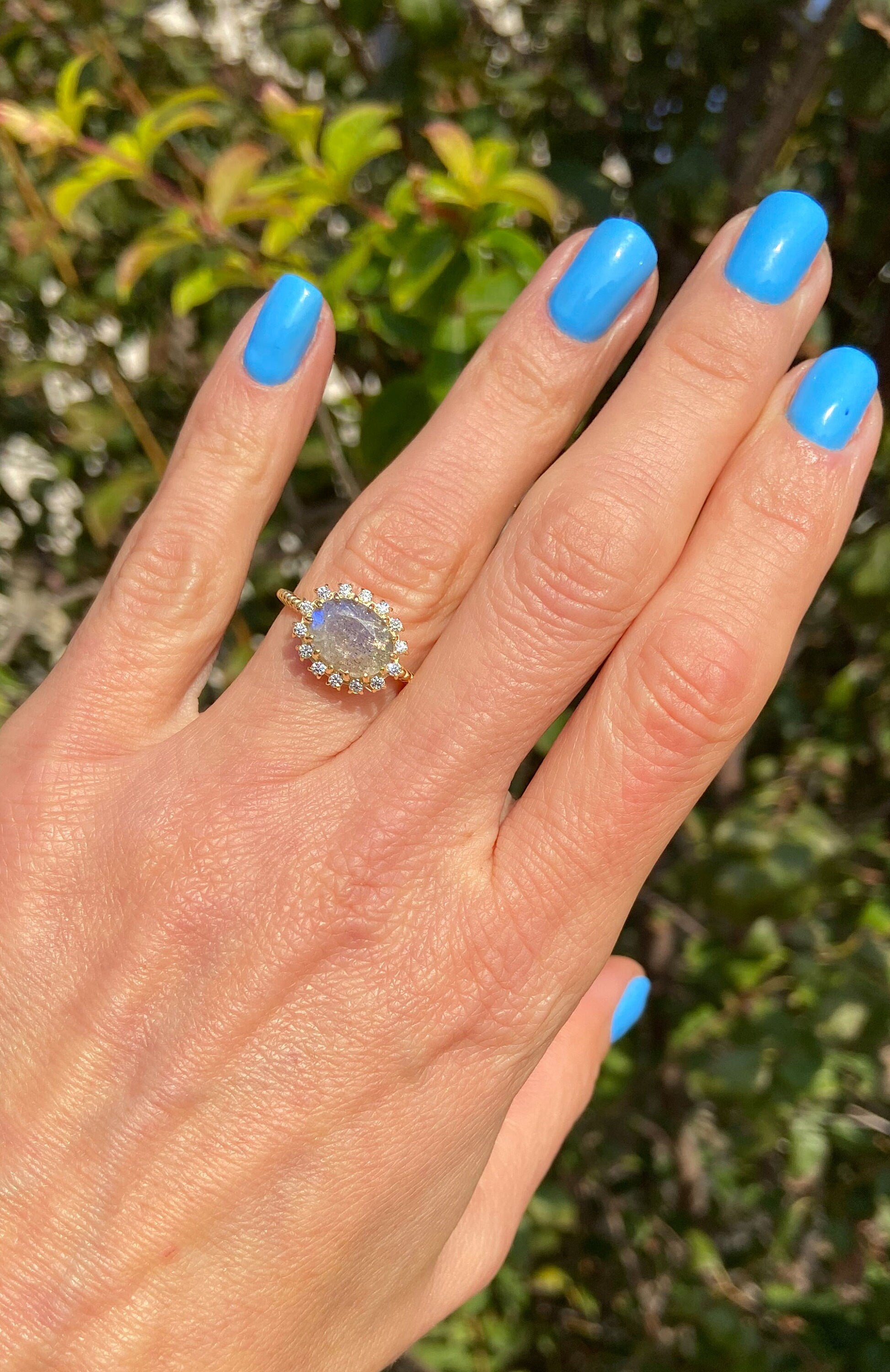 Labradorite Ring - Statement Engagement Ring with Oval Labradorite Gemstone and Clear Quartz Halo - H.L.Jewelry