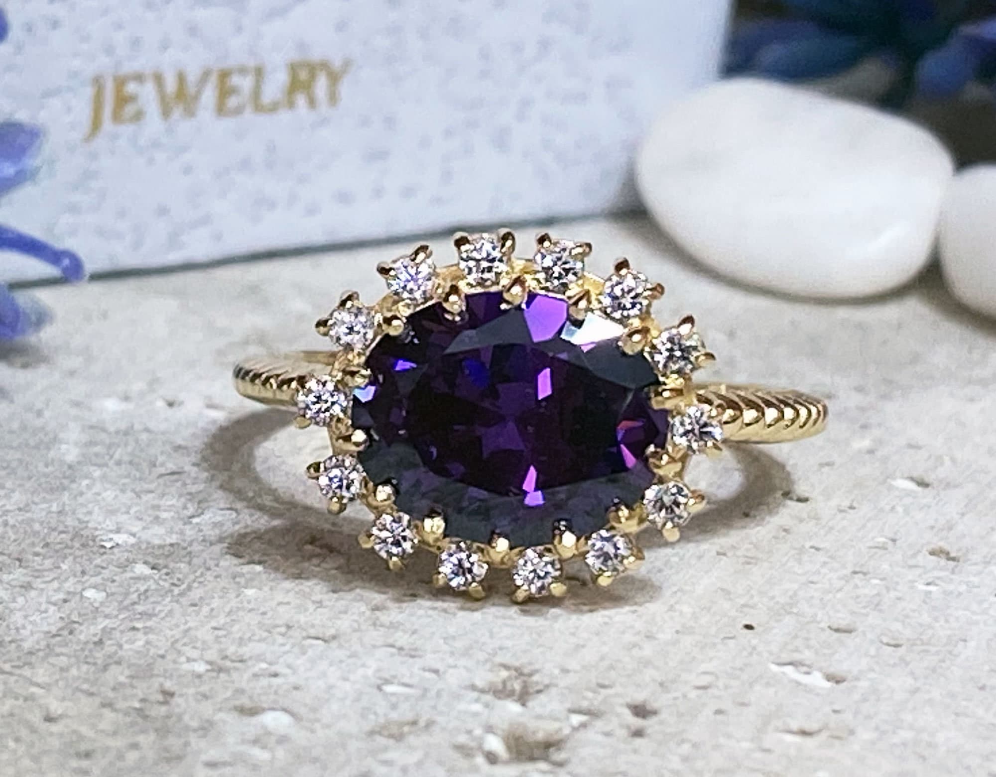 Purple Amethyst Ring - February Birthstone - Oval Purple Amethyst Gemstone Statement Engagement Ring with Clear Quartz Halo - H.L.Jewelry