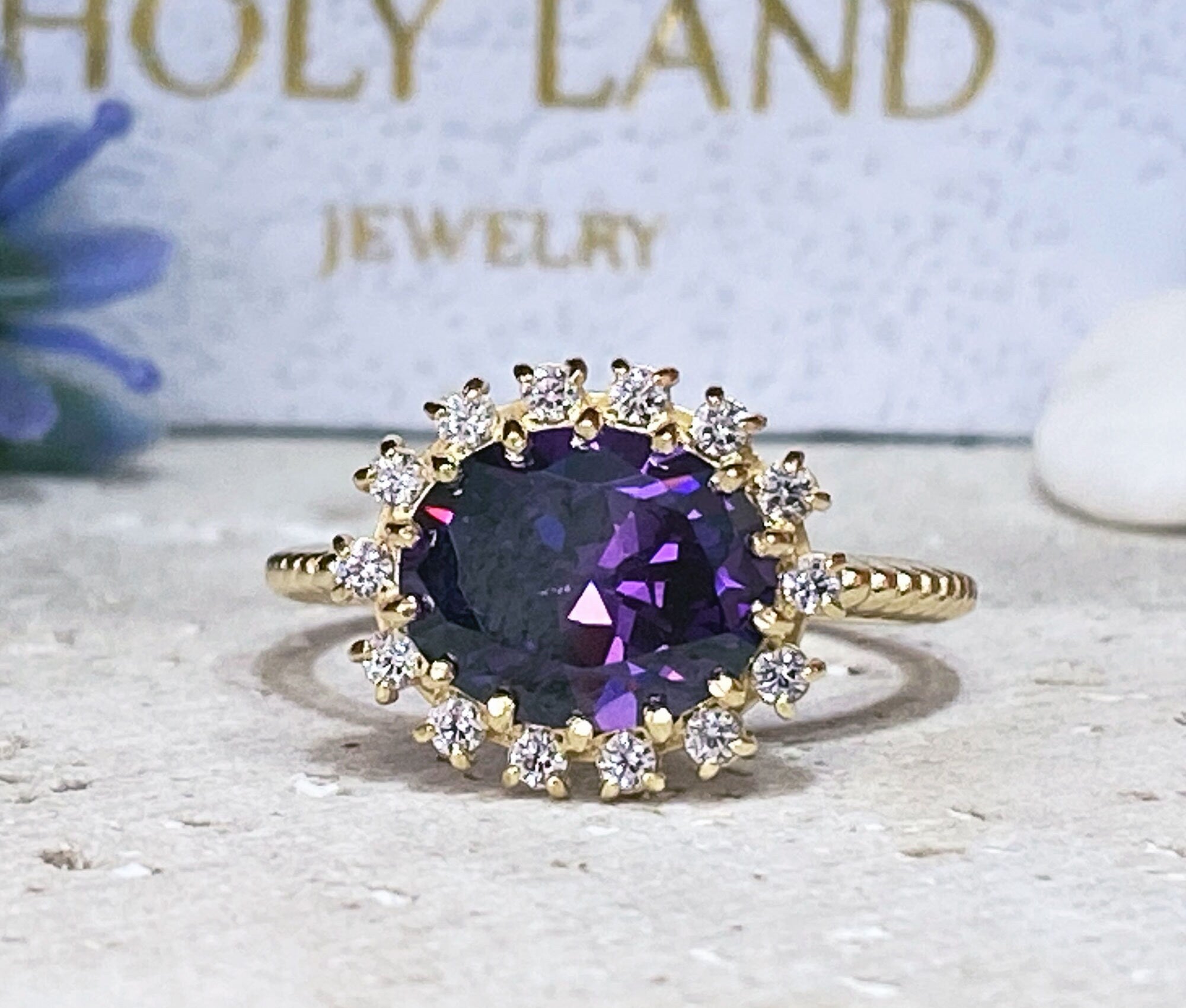 Purple Amethyst Ring - February Birthstone - Oval Purple Amethyst Gemstone Statement Engagement Ring with Clear Quartz Halo - H.L.Jewelry