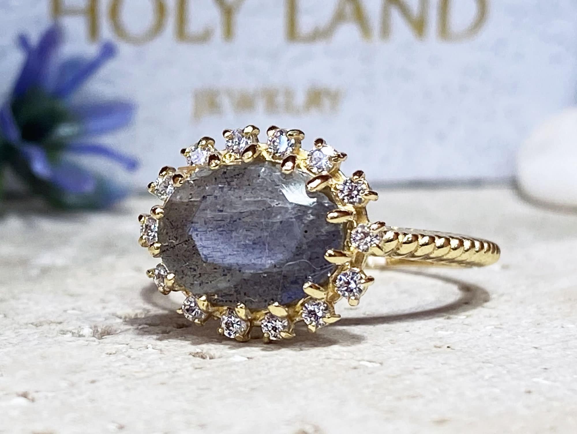 Labradorite Ring - Statement Engagement Ring with Oval Labradorite Gemstone and Clear Quartz Halo - H.L.Jewelry