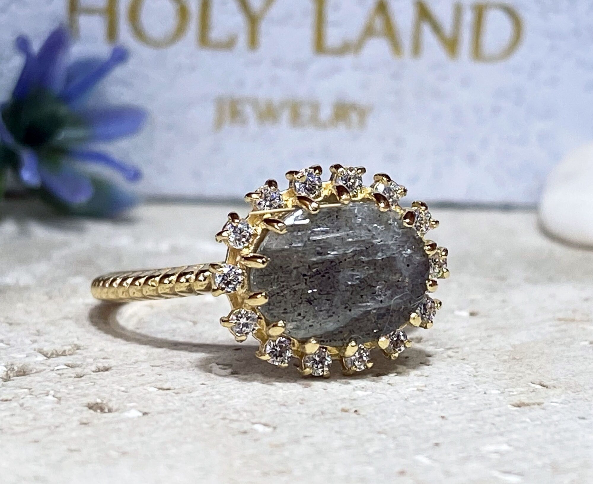 Labradorite Ring - Statement Engagement Ring with Oval Labradorite Gemstone and Clear Quartz Halo - H.L.Jewelry