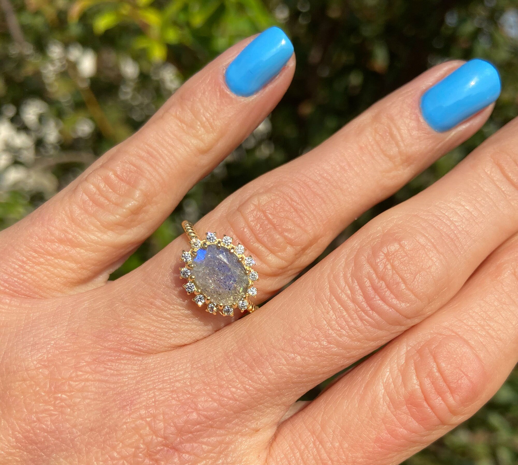 Labradorite Ring - Statement Engagement Ring with Oval Labradorite Gemstone and Clear Quartz Halo - H.L.Jewelry