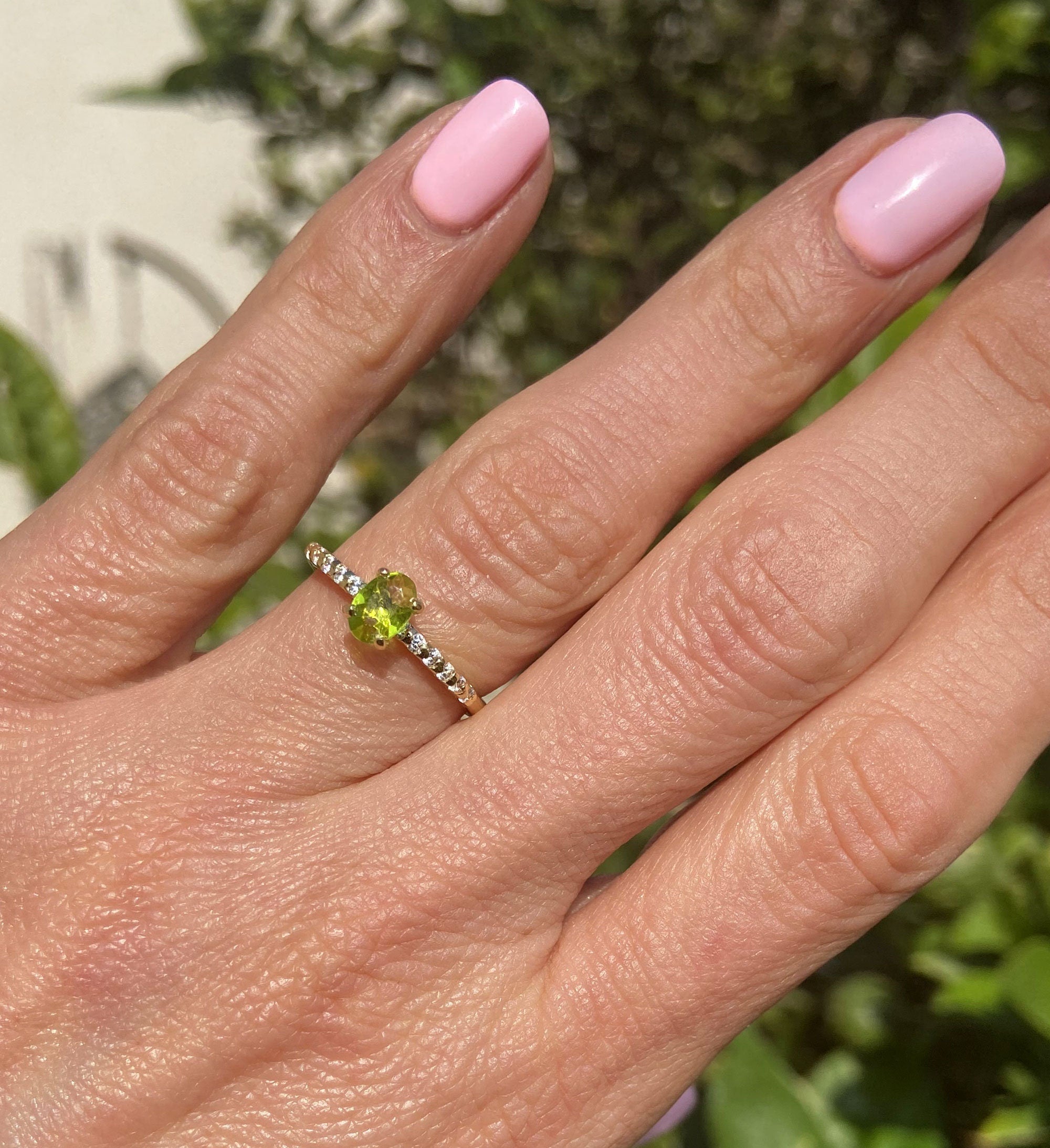 Peridot Ring - August Birthstone - Oval Peridot Gemstone Ring with Clear Quartz Accents - H.L.Jewelry