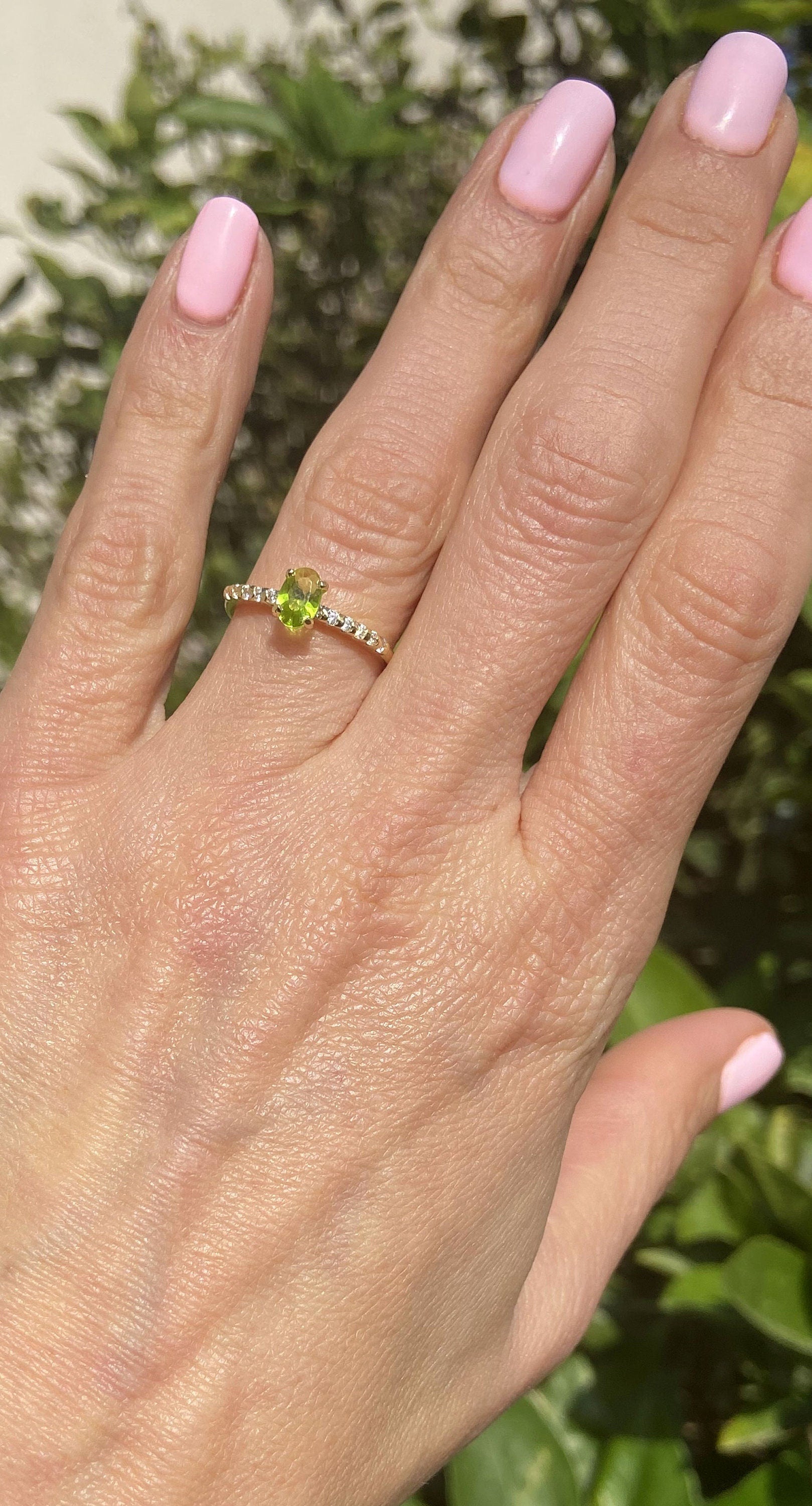 Peridot Ring - August Birthstone - Oval Peridot Gemstone Ring with Clear Quartz Accents - H.L.Jewelry