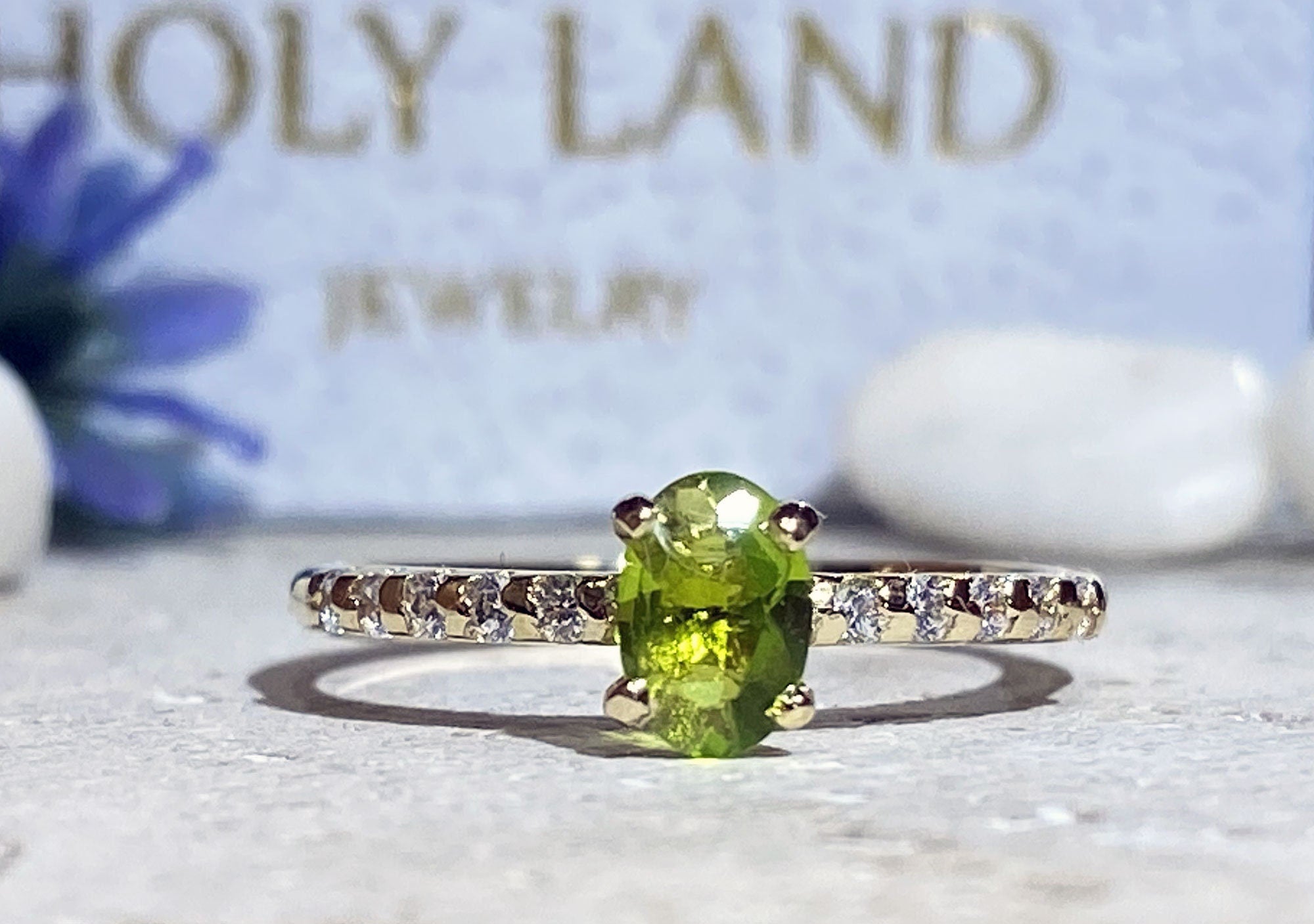 Peridot Ring - August Birthstone - Oval Peridot Gemstone Ring with Clear Quartz Accents - H.L.Jewelry