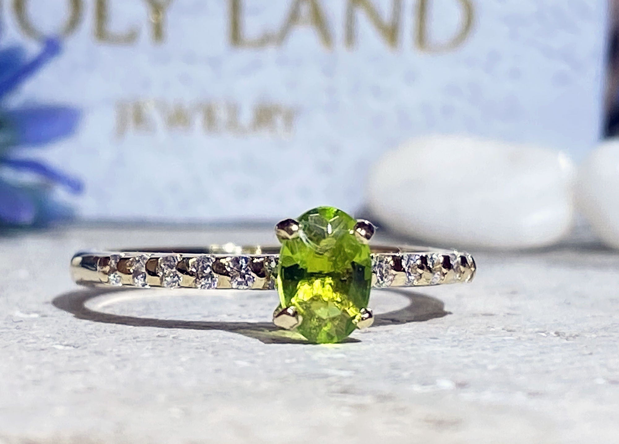 Peridot Ring - August Birthstone - Oval Peridot Gemstone Ring with Clear Quartz Accents - H.L.Jewelry