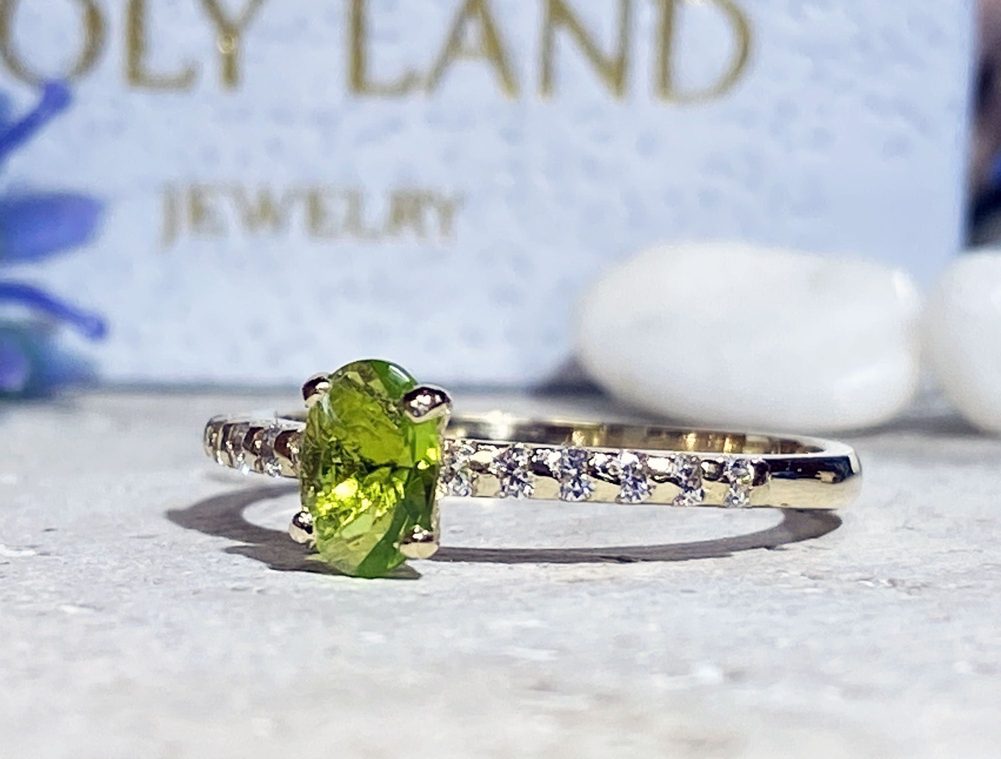 Peridot Ring - August Birthstone - Oval Peridot Gemstone Ring with Clear Quartz Accents - H.L.Jewelry