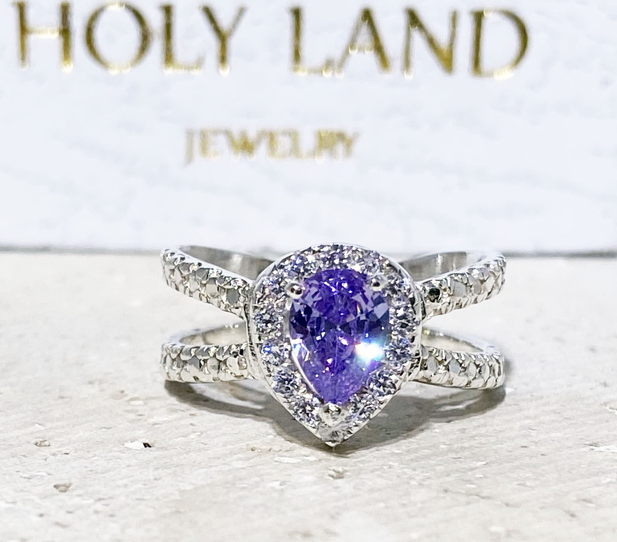 Lavender Amethyst Ring - Statement Engagement Ring with Pear-Shaped Lavender Amethyst Gemstone and Clear Quartz Halo - H.L.Jewelry