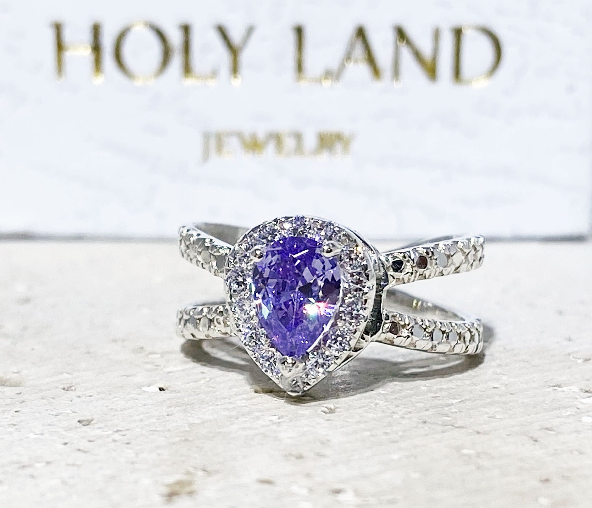 Lavender Amethyst Ring - Statement Engagement Ring with Pear-Shaped Lavender Amethyst Gemstone and Clear Quartz Halo - H.L.Jewelry