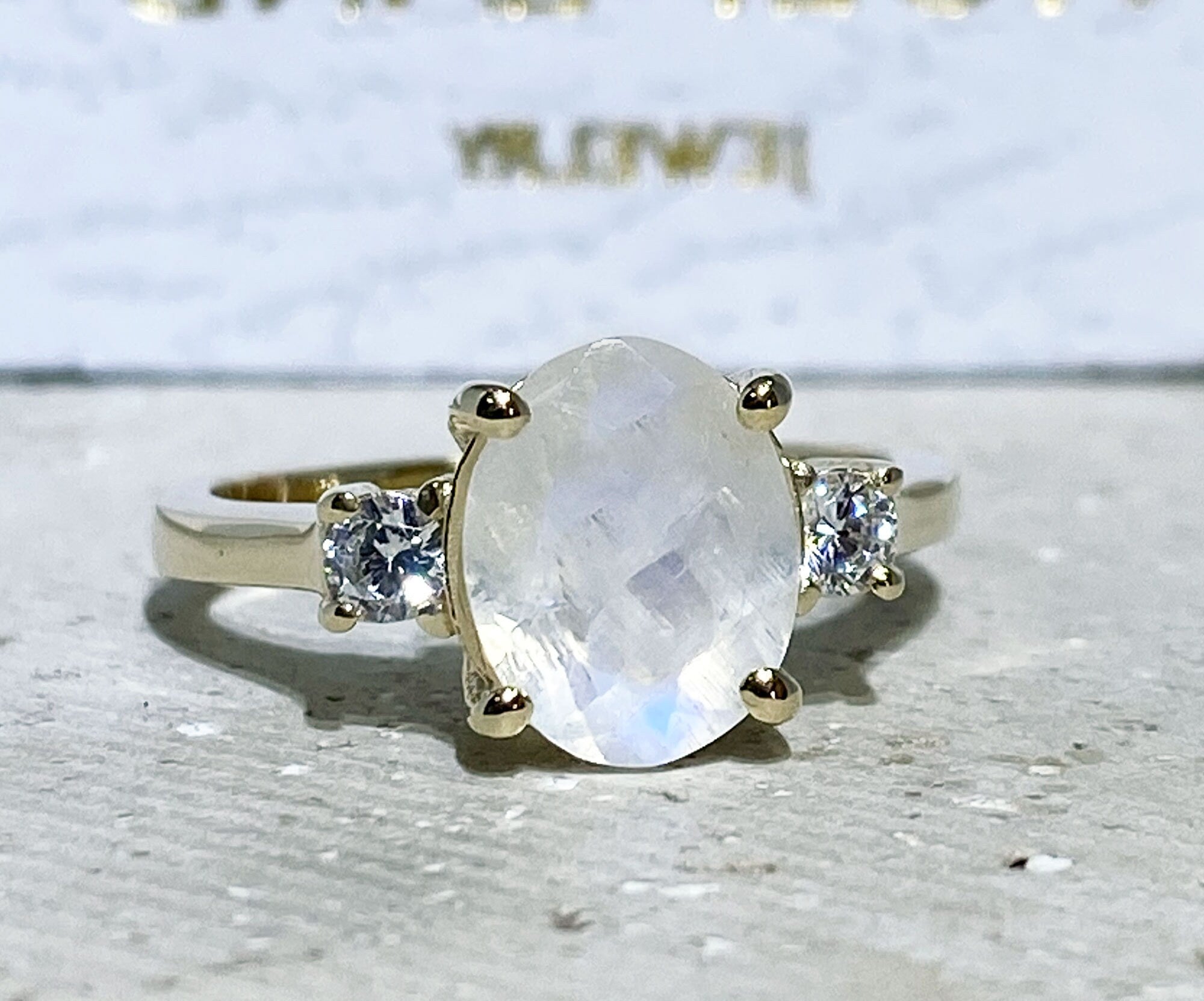 Rainbow Moonstone Ring - June Birthstone - Oval Rainbow Moonstone Statement Engagement Ring with Clear Quartz Accents - H.L.Jewelry