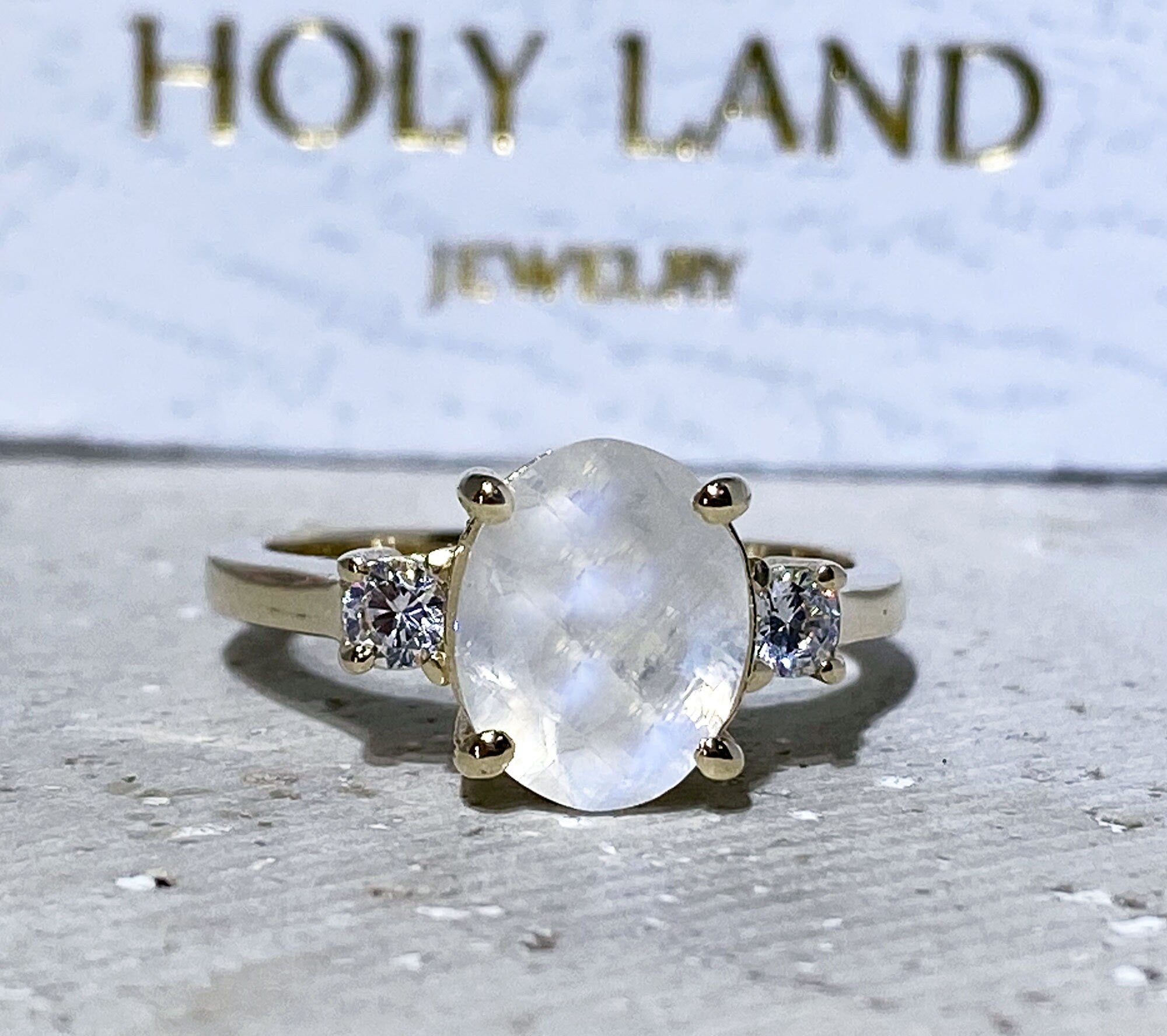 Rainbow Moonstone Ring - June Birthstone - Oval Rainbow Moonstone Statement Engagement Ring with Clear Quartz Accents - H.L.Jewelry