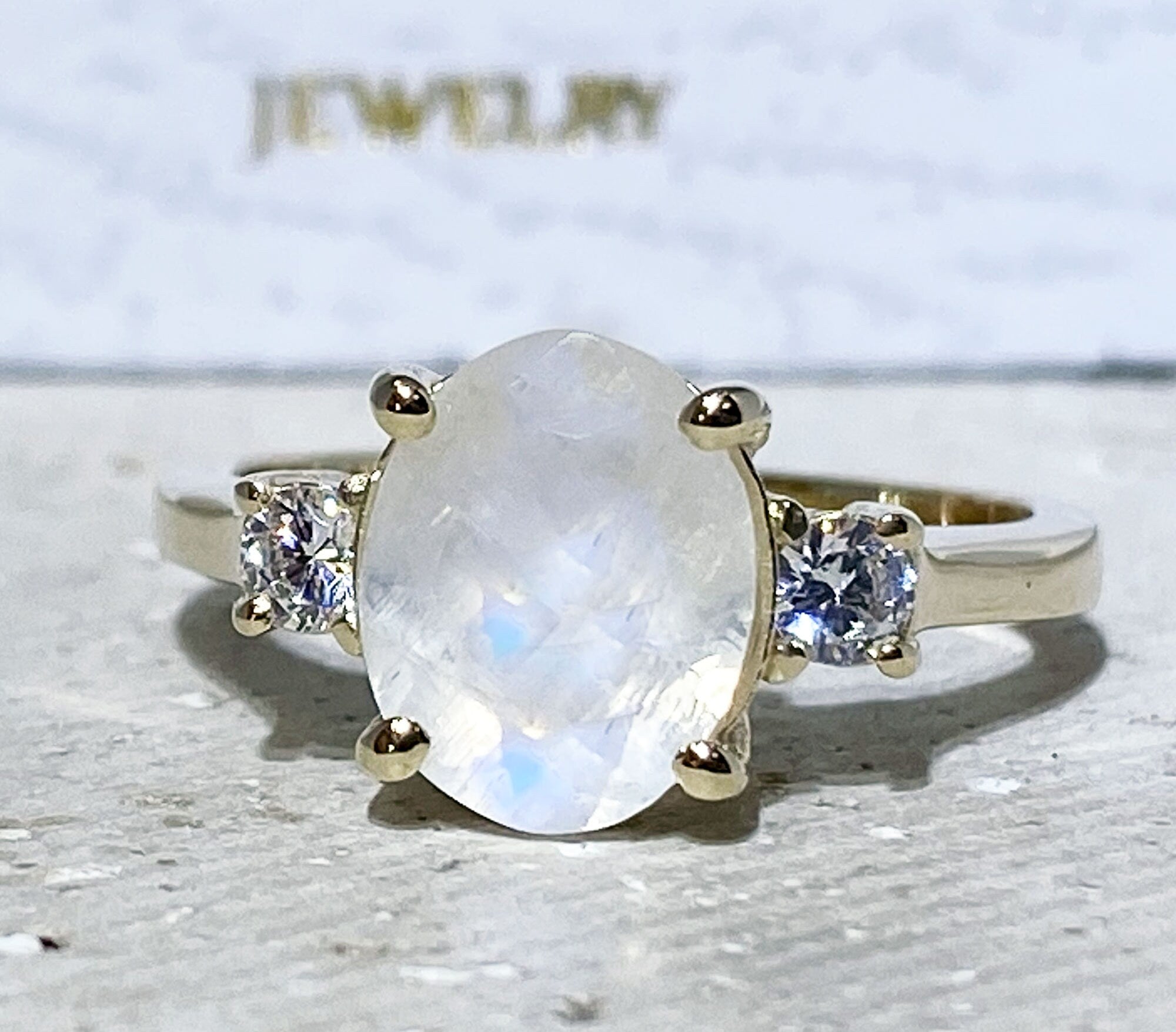 Rainbow Moonstone Ring - June Birthstone - Oval Rainbow Moonstone Statement Engagement Ring with Clear Quartz Accents - H.L.Jewelry