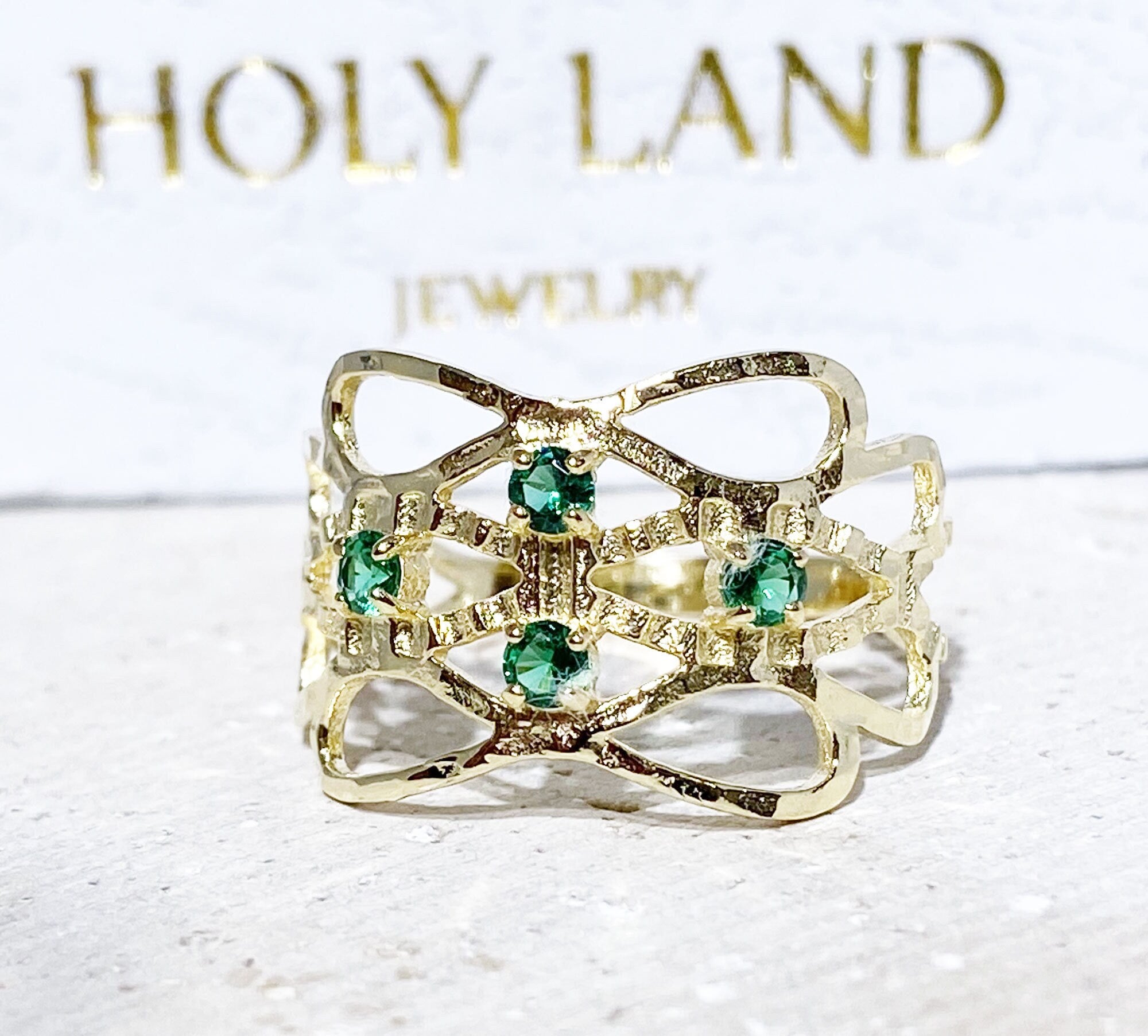 Emerald Ring - May Birthstone - Hammered Ring with Four Round Emerald Gemstones - H.L.Jewelry