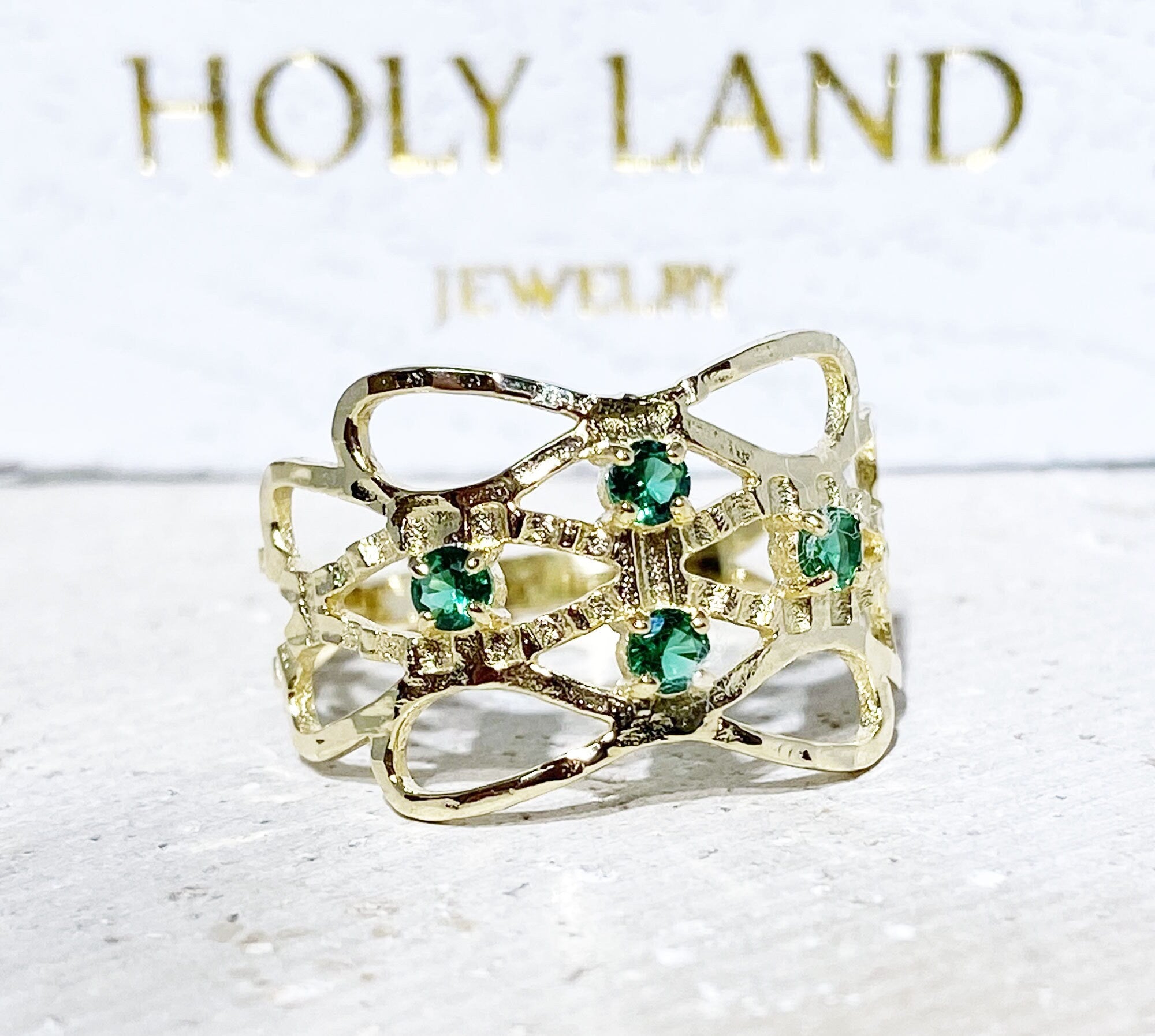 Emerald Ring - May Birthstone - Hammered Ring with Four Round Emerald Gemstones - H.L.Jewelry