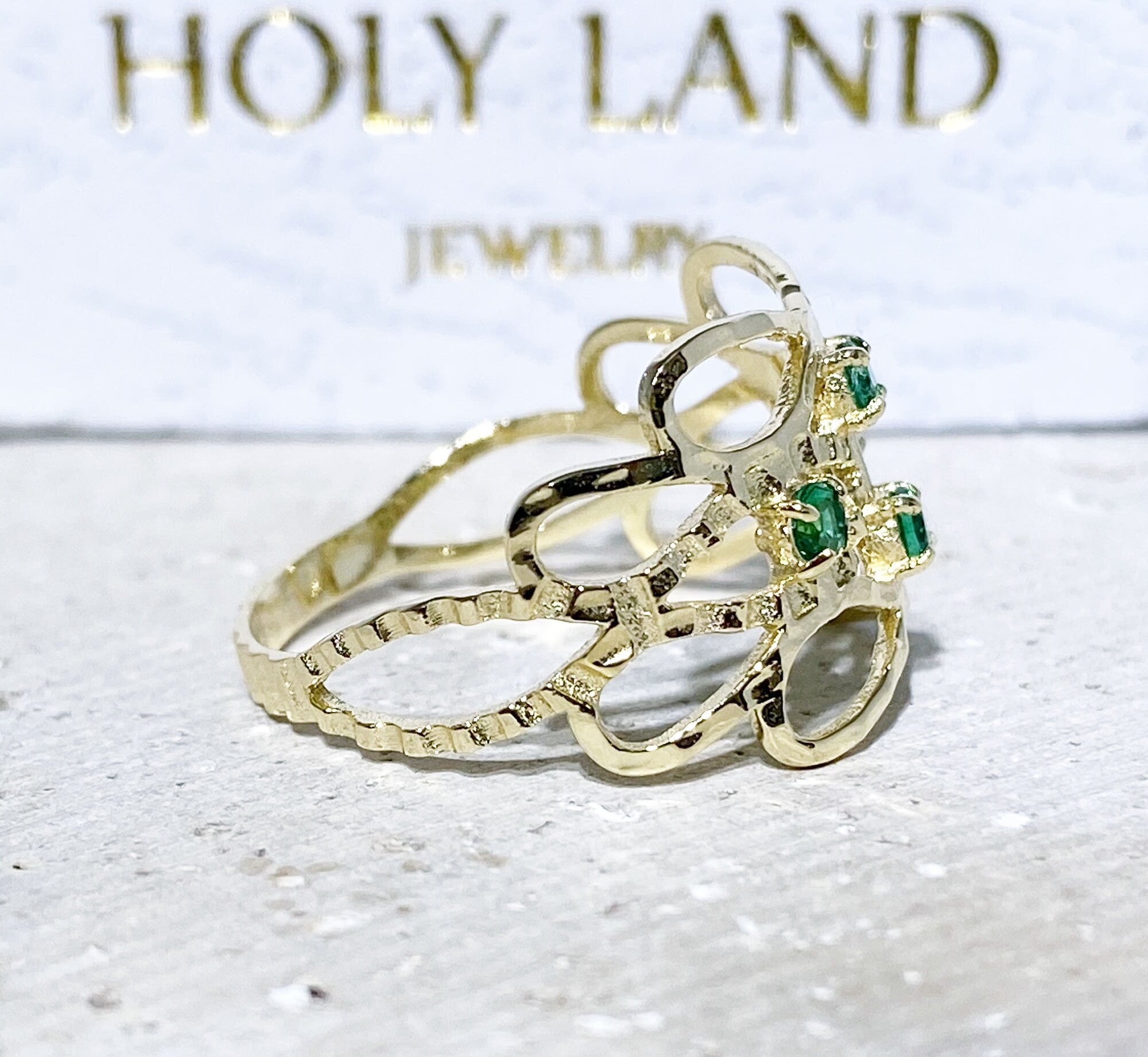 Emerald Ring - May Birthstone - Hammered Ring with Four Round Emerald Gemstones - H.L.Jewelry