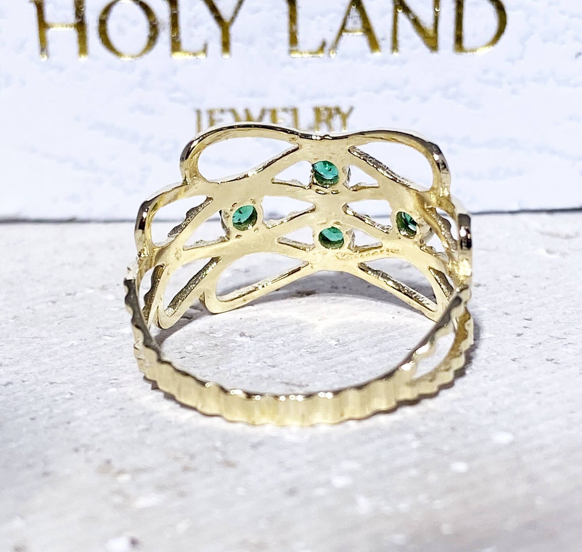 Emerald Ring - May Birthstone - Hammered Ring with Four Round Emerald Gemstones - H.L.Jewelry