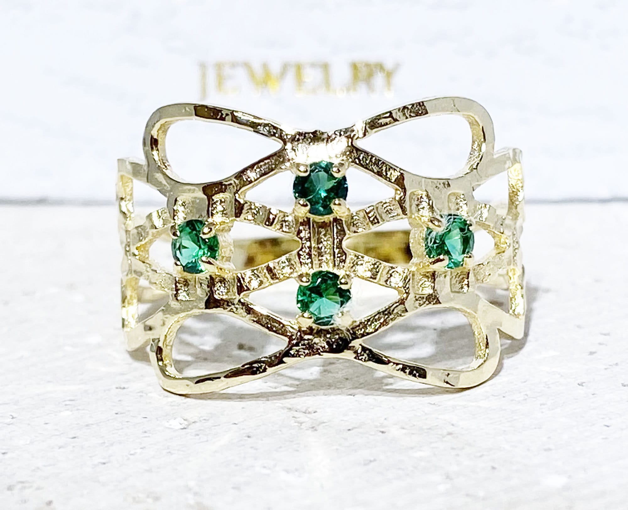 Emerald Ring - May Birthstone - Hammered Ring with Four Round Emerald Gemstones - H.L.Jewelry