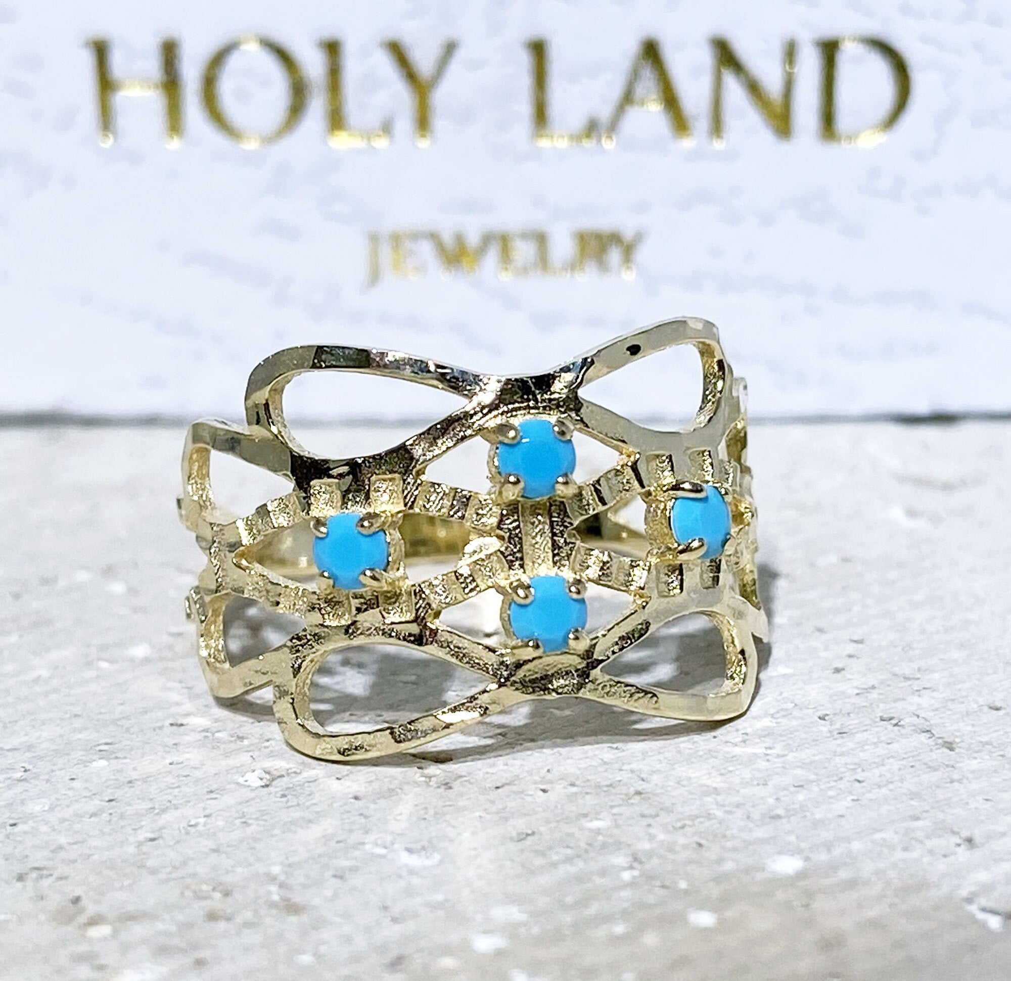 Blue Turquoise Ring - December Birthstone - Sleeping Beauty Turquoise - Hammered Ring with Four Round Blue Turquoise Gemstones - H.L.Jewelry