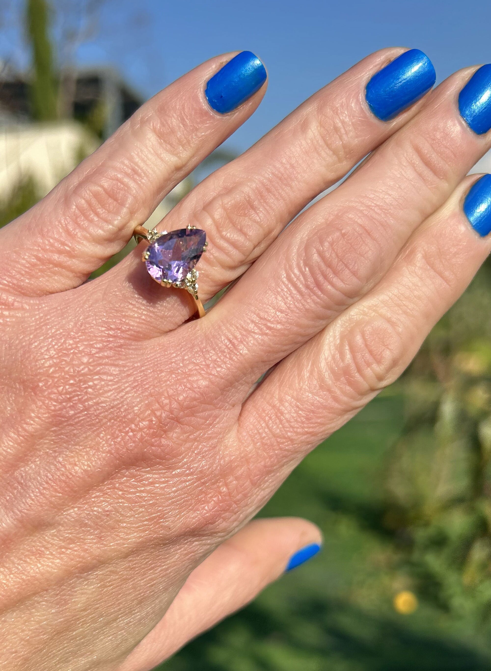 Purple Amethyst Ring - February Birthstone - Pear-Shaped Purple Amethyst Gemstone Statement Engagement Ring with Clear Quartz Accents - H.L.Jewelry