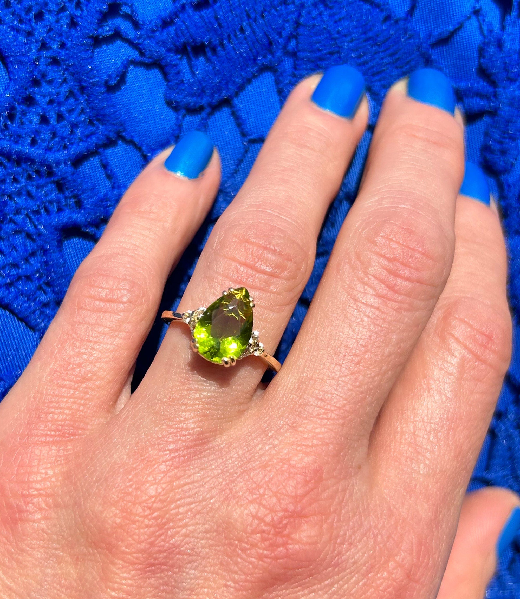 Peridot Ring - August Birthstone Jewelry - Pear-Shaped Peridot Gemstone Statement Engagement Ring with Clear Quartz Accents - H.L.Jewelry