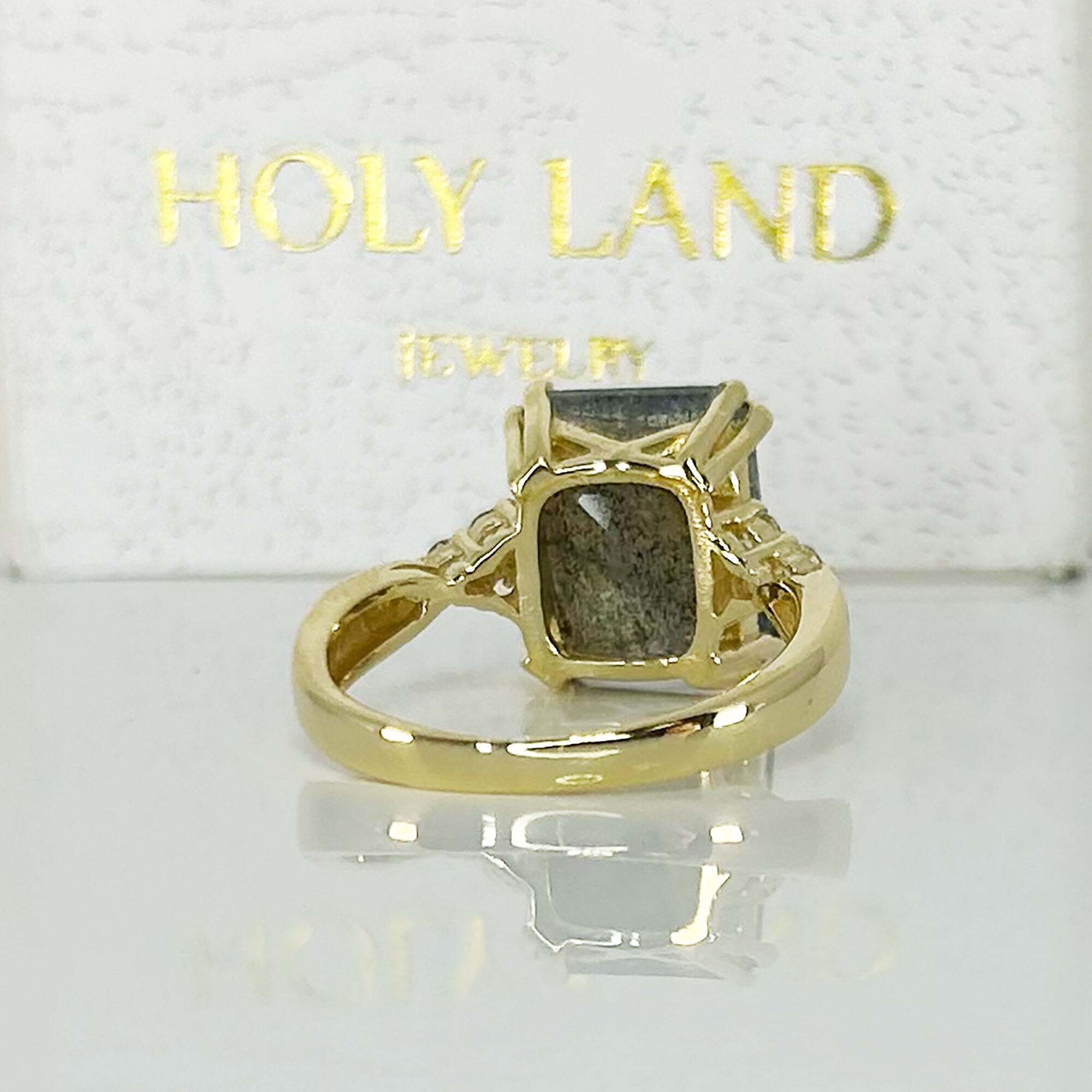 Labradorite Ring - Statement Engagement Ring with Octagon Labradorite Gemstone and Clear Quartz Accents - H.L.Jewelry