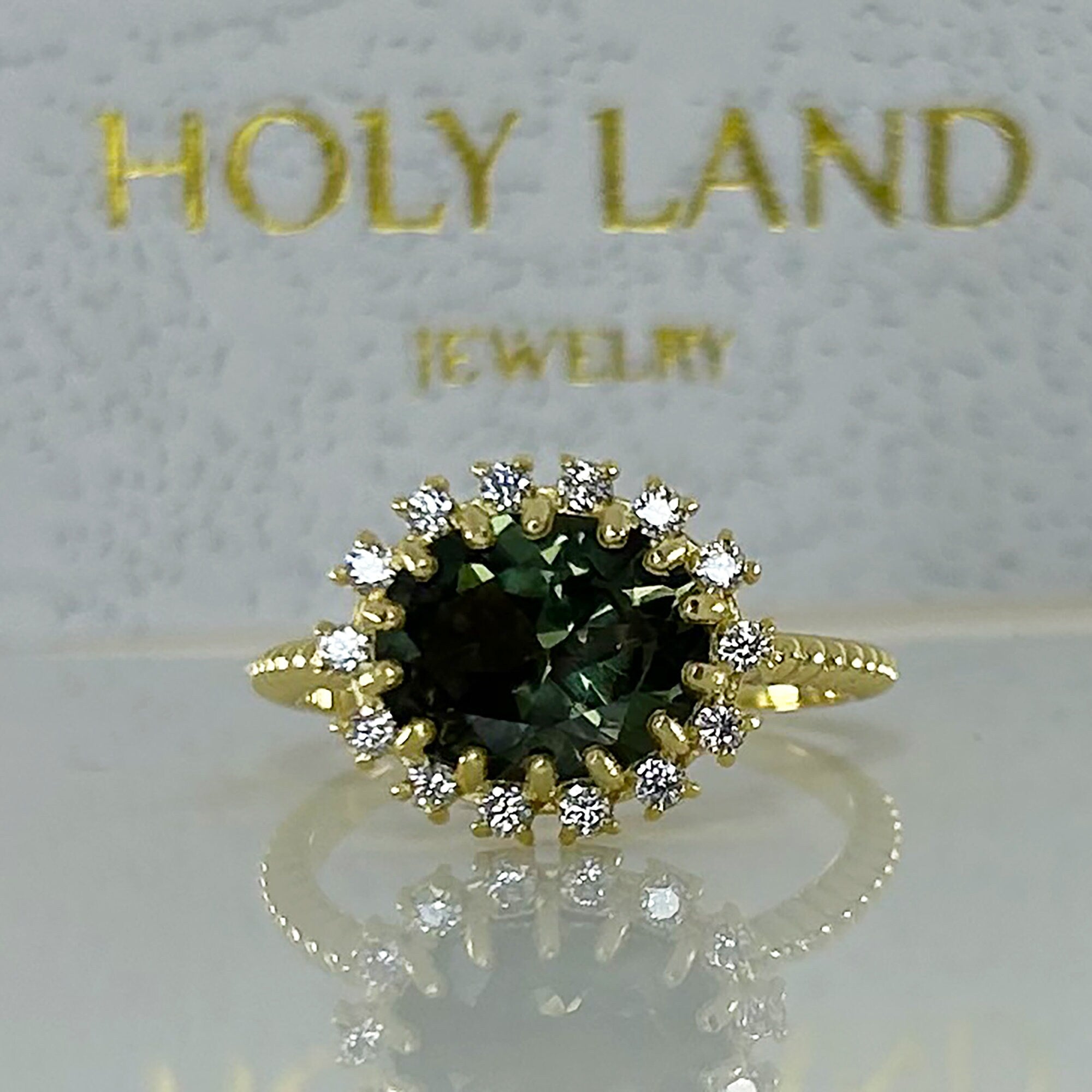 Green Tourmaline Ring - Engagement Ring with Oval Green Tourmaline Gemstone and Clear Quartz Halo - H.L.Jewelry