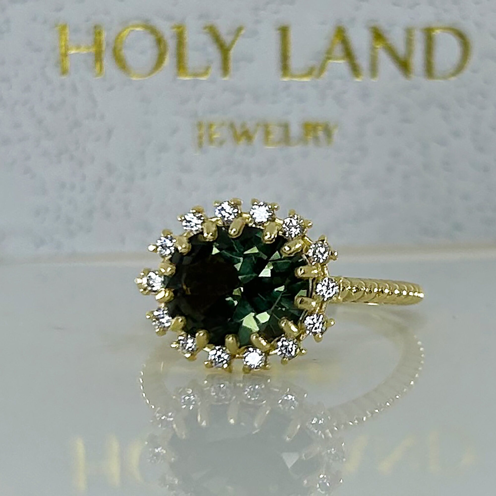 Green Tourmaline Ring - Engagement Ring with Oval Green Tourmaline Gemstone and Clear Quartz Halo - H.L.Jewelry