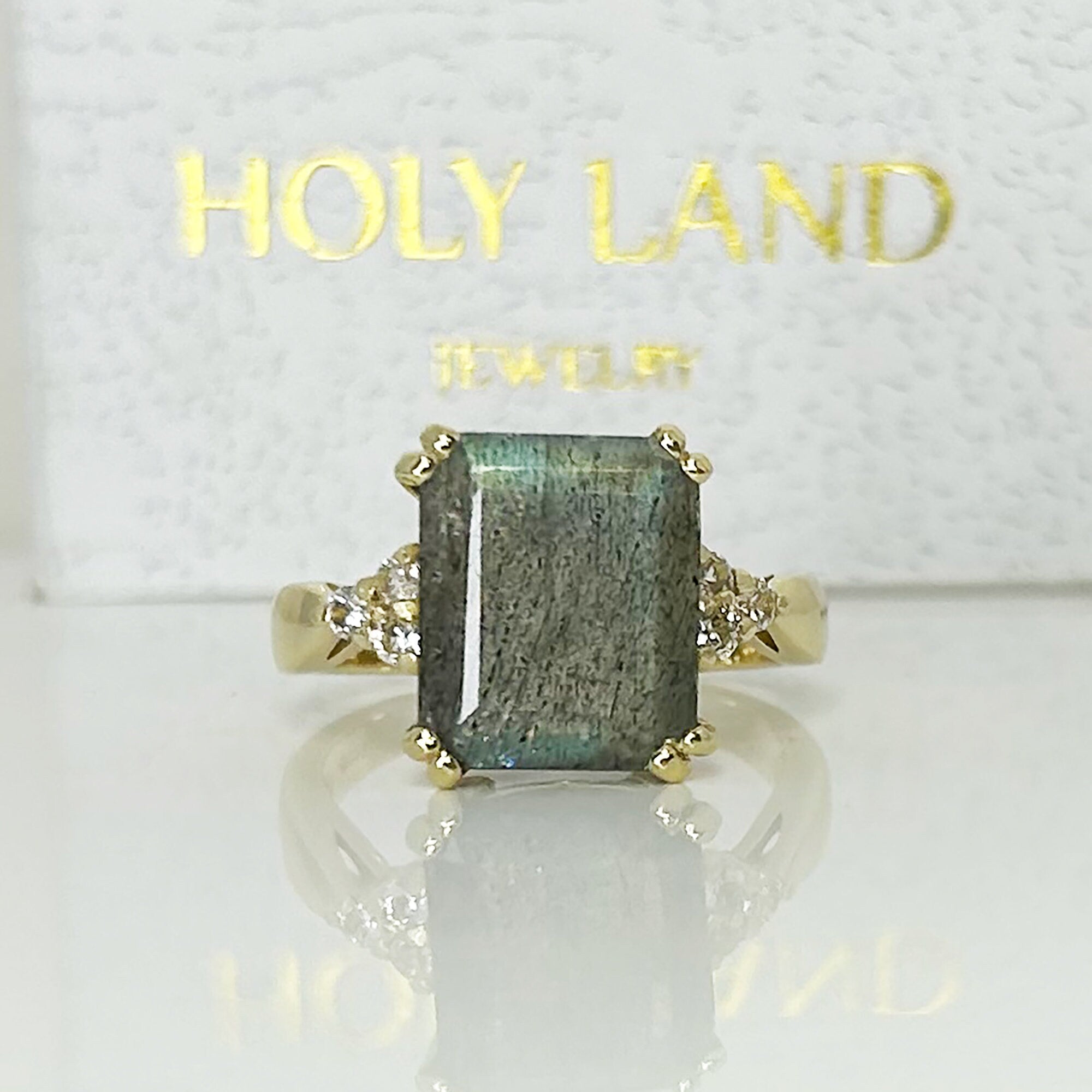 Labradorite Ring - Statement Engagement Ring with Octagon Labradorite Gemstone and Clear Quartz Accents - H.L.Jewelry