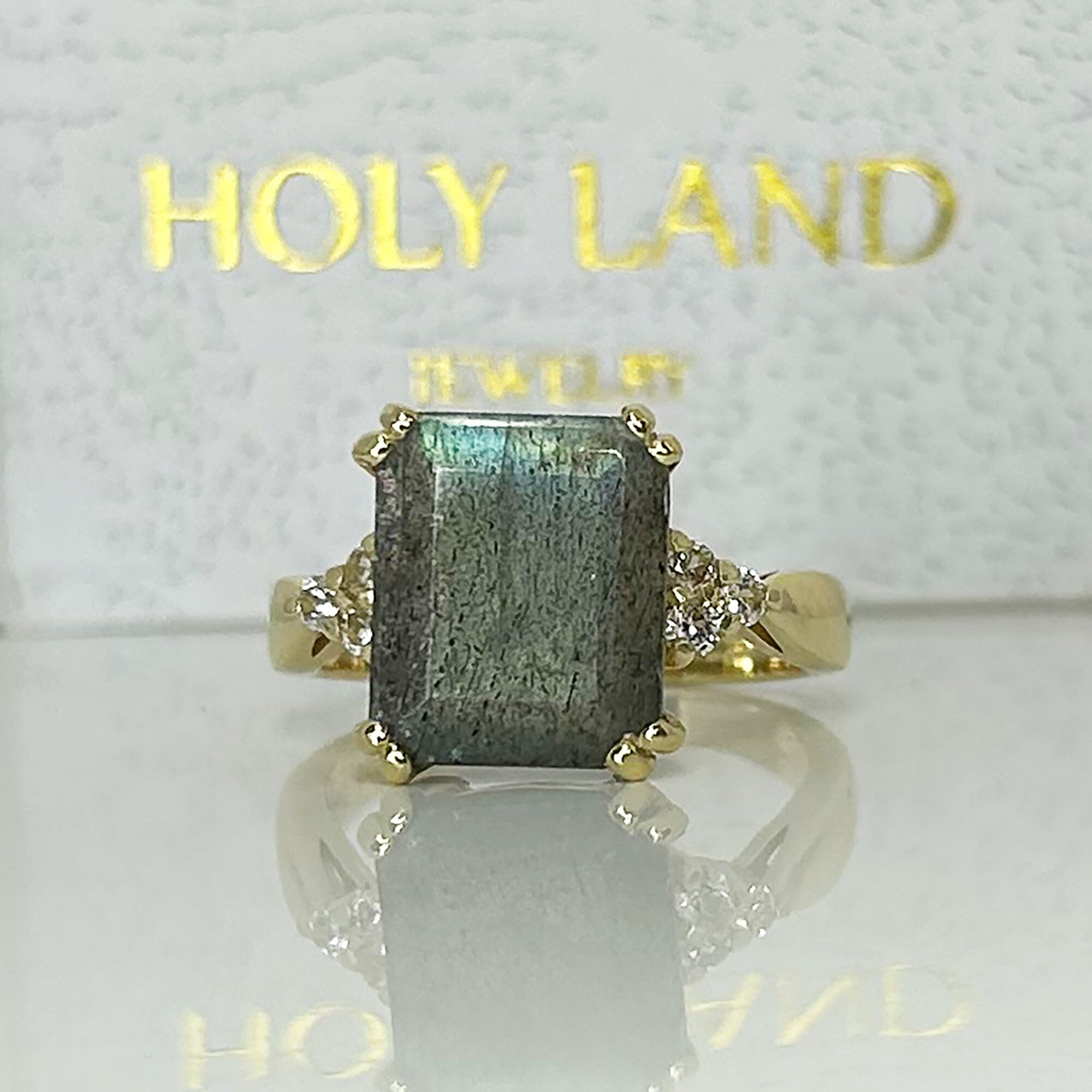 Labradorite Ring - Statement Engagement Ring with Octagon Labradorite Gemstone and Clear Quartz Accents - H.L.Jewelry